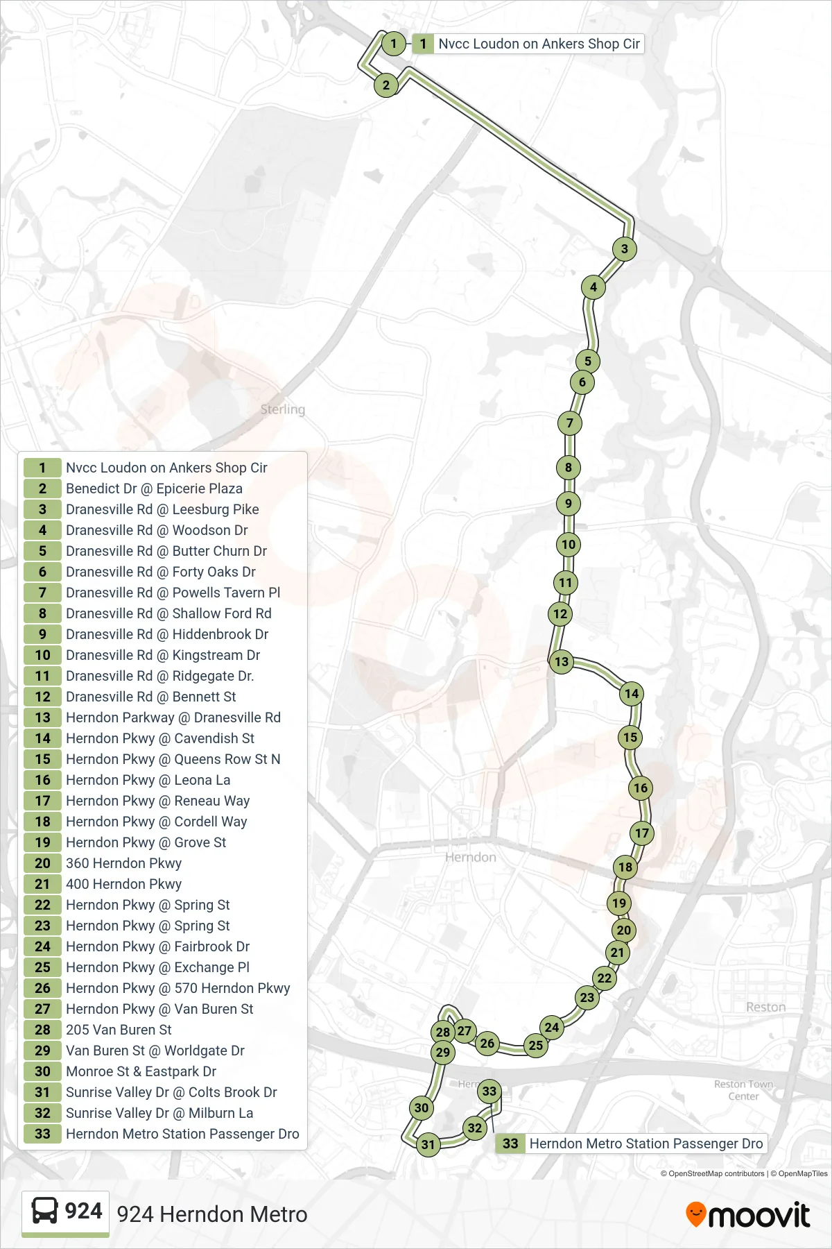 924 bus Line (924 Herndon Metro) route and stops on a map
