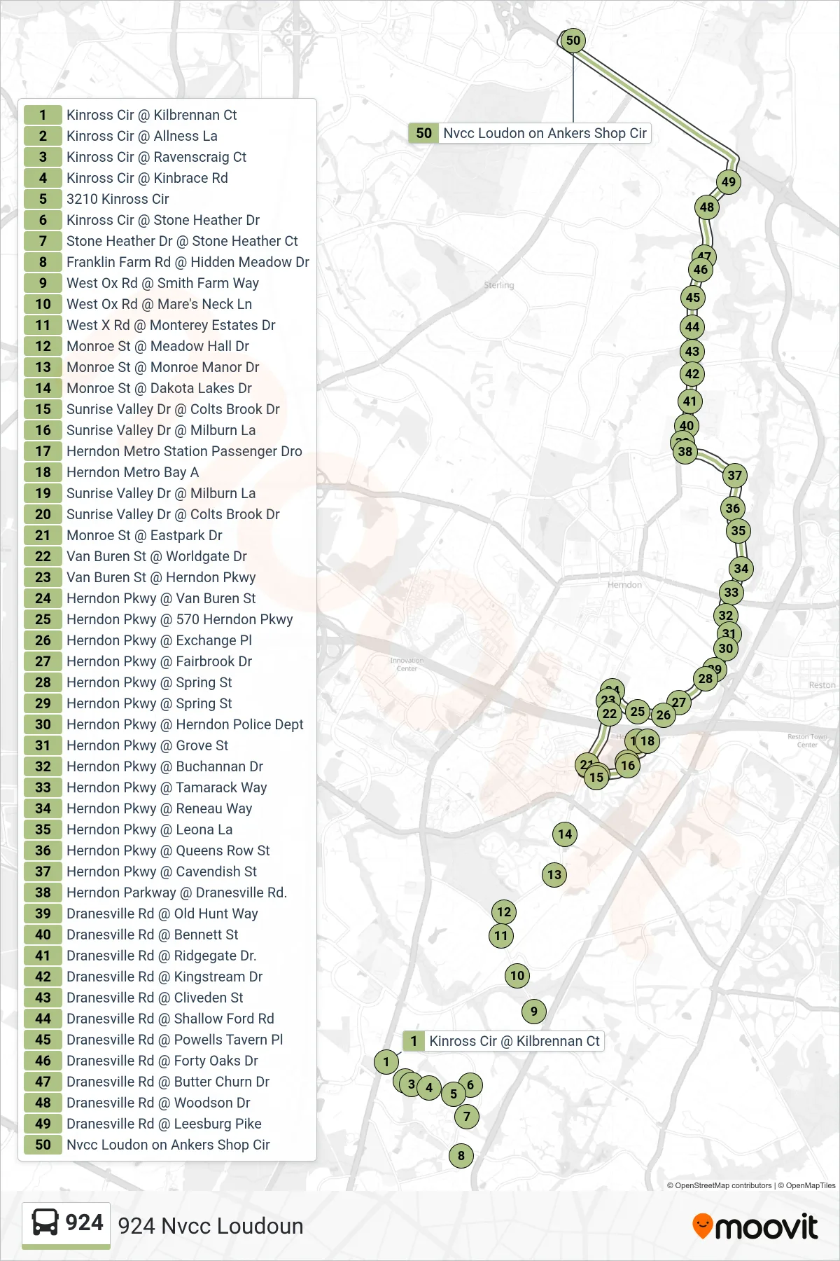 924 bus Line (924 Nvcc Loudoun) route and stops on a map