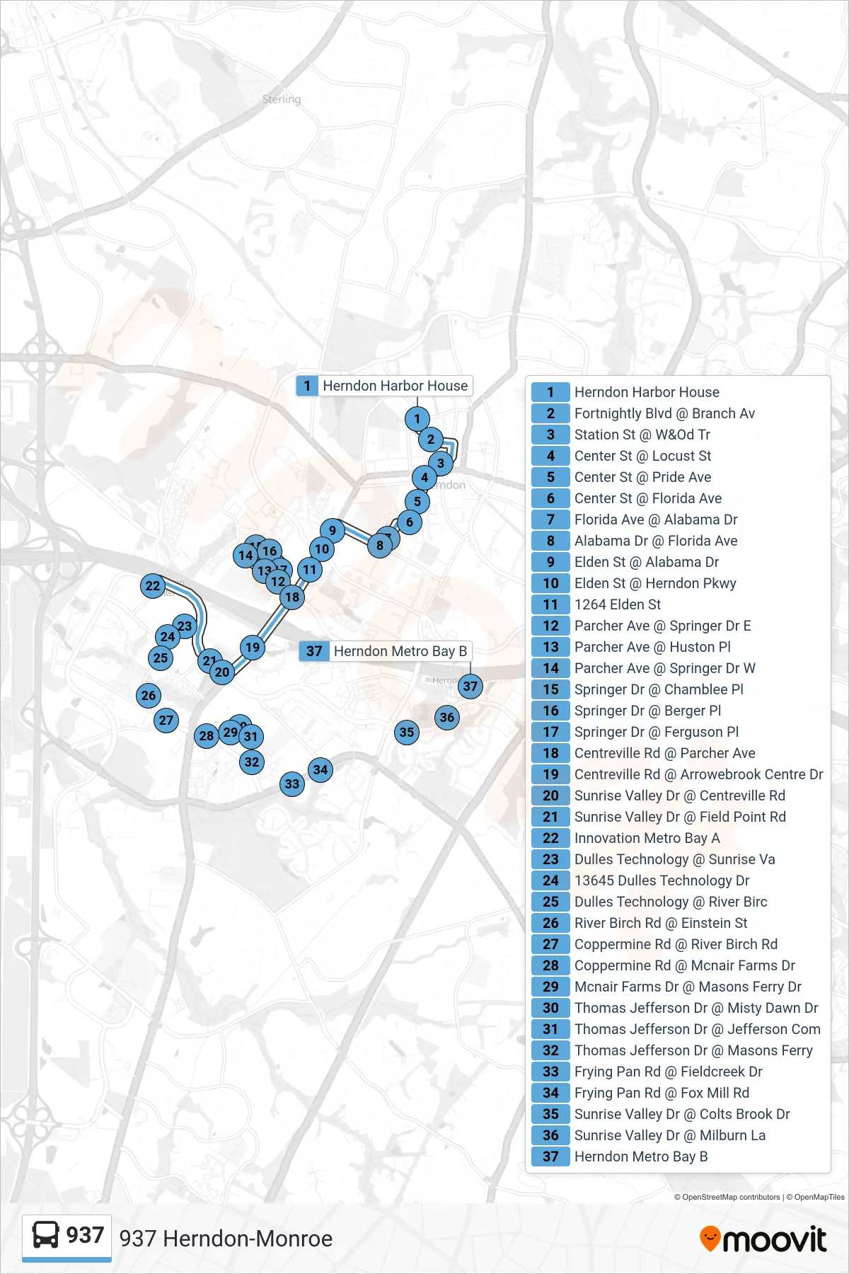 937 bus Line (937 Herndon-Monroe) route and stops on a map