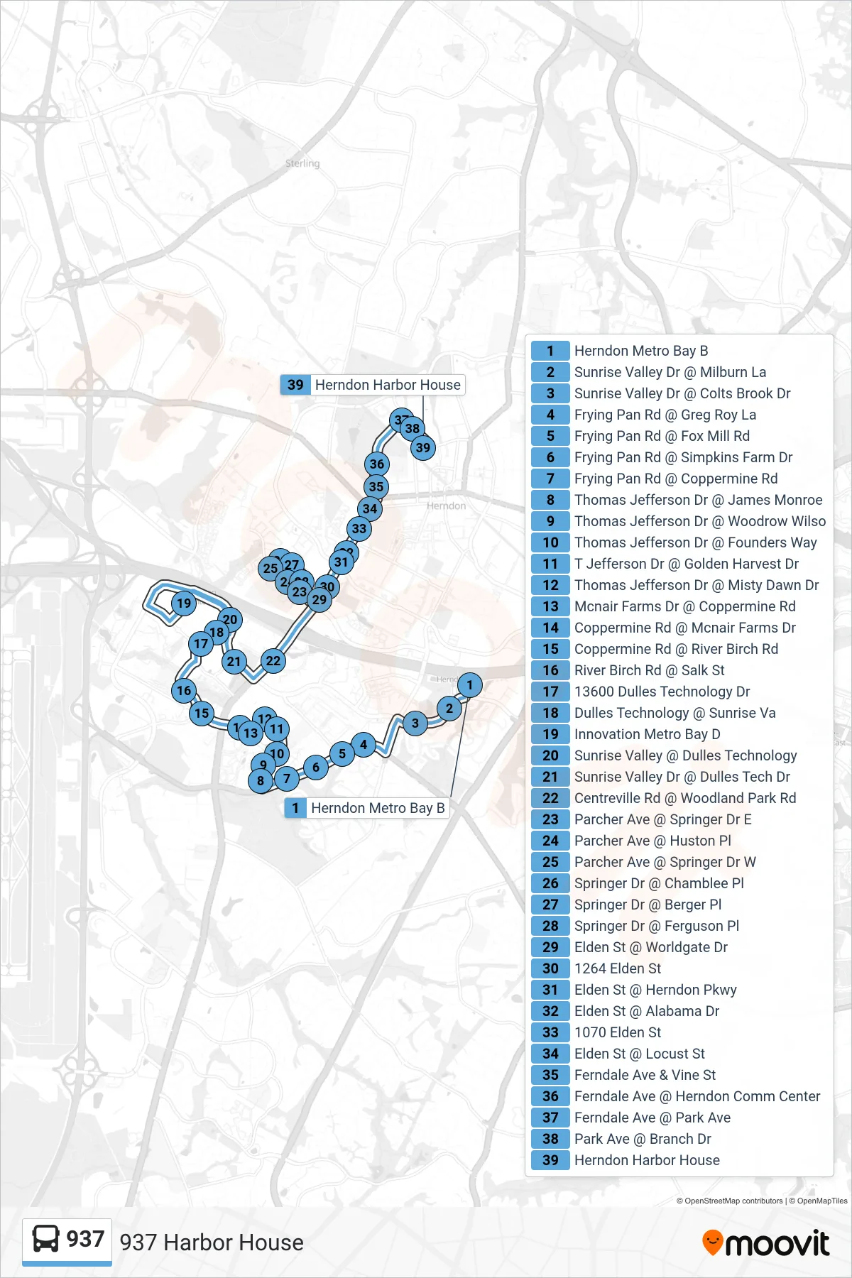937 bus Line (937 Harbor House) route and stops on a map