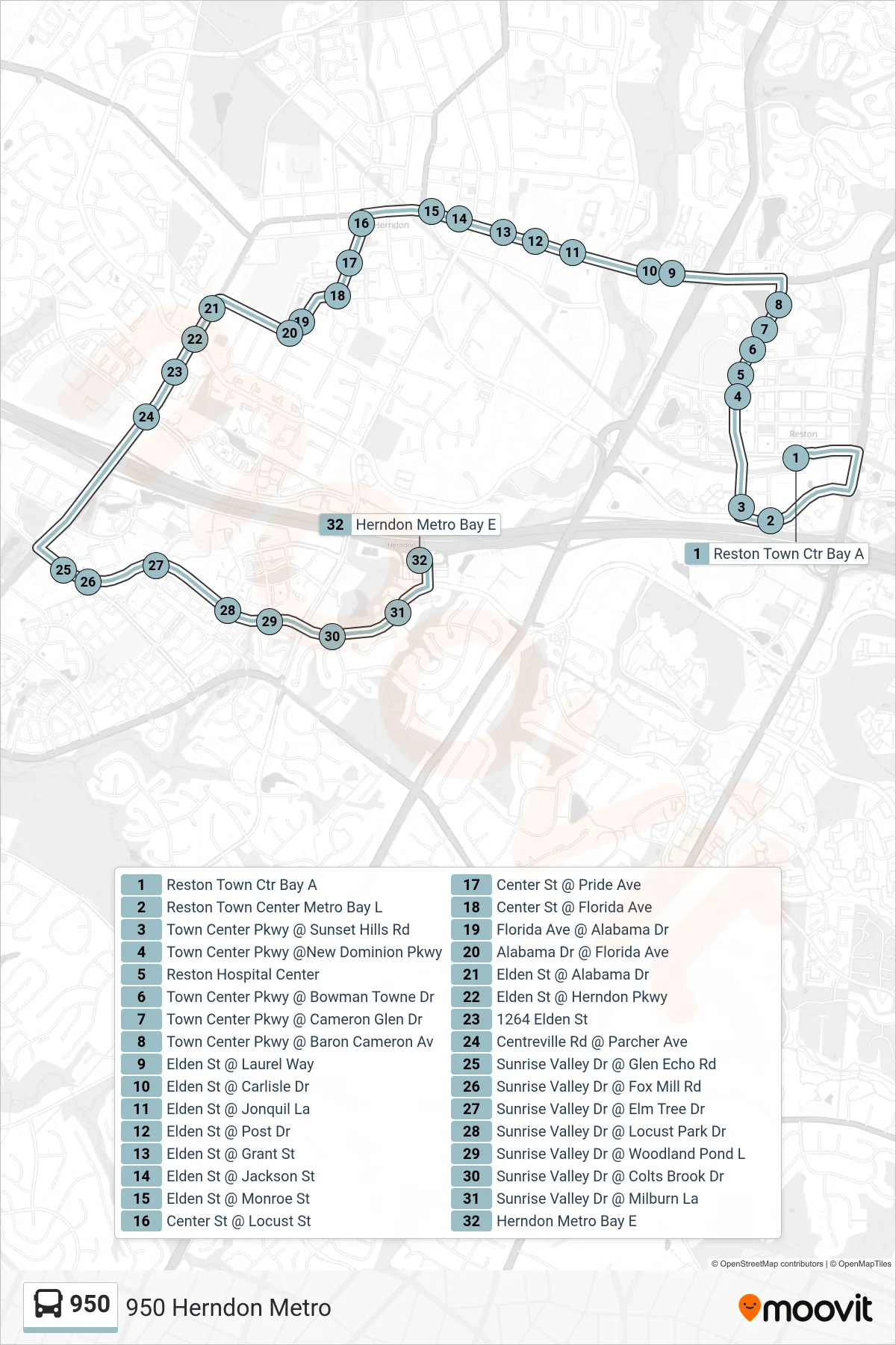950 bus Line (950 Herndon Metro) route and stops on a map