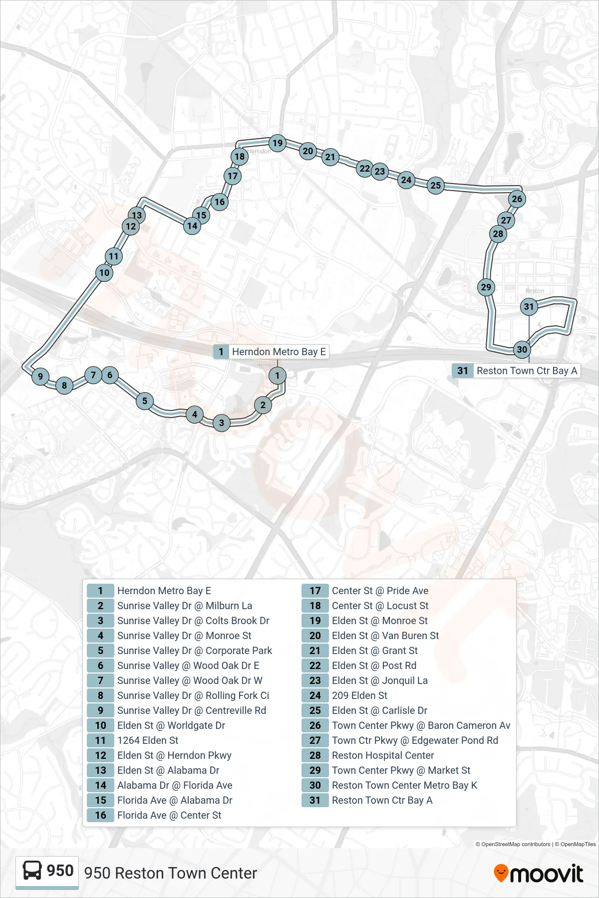 950 bus Line (950 Reston Town Center) route and stops on a map