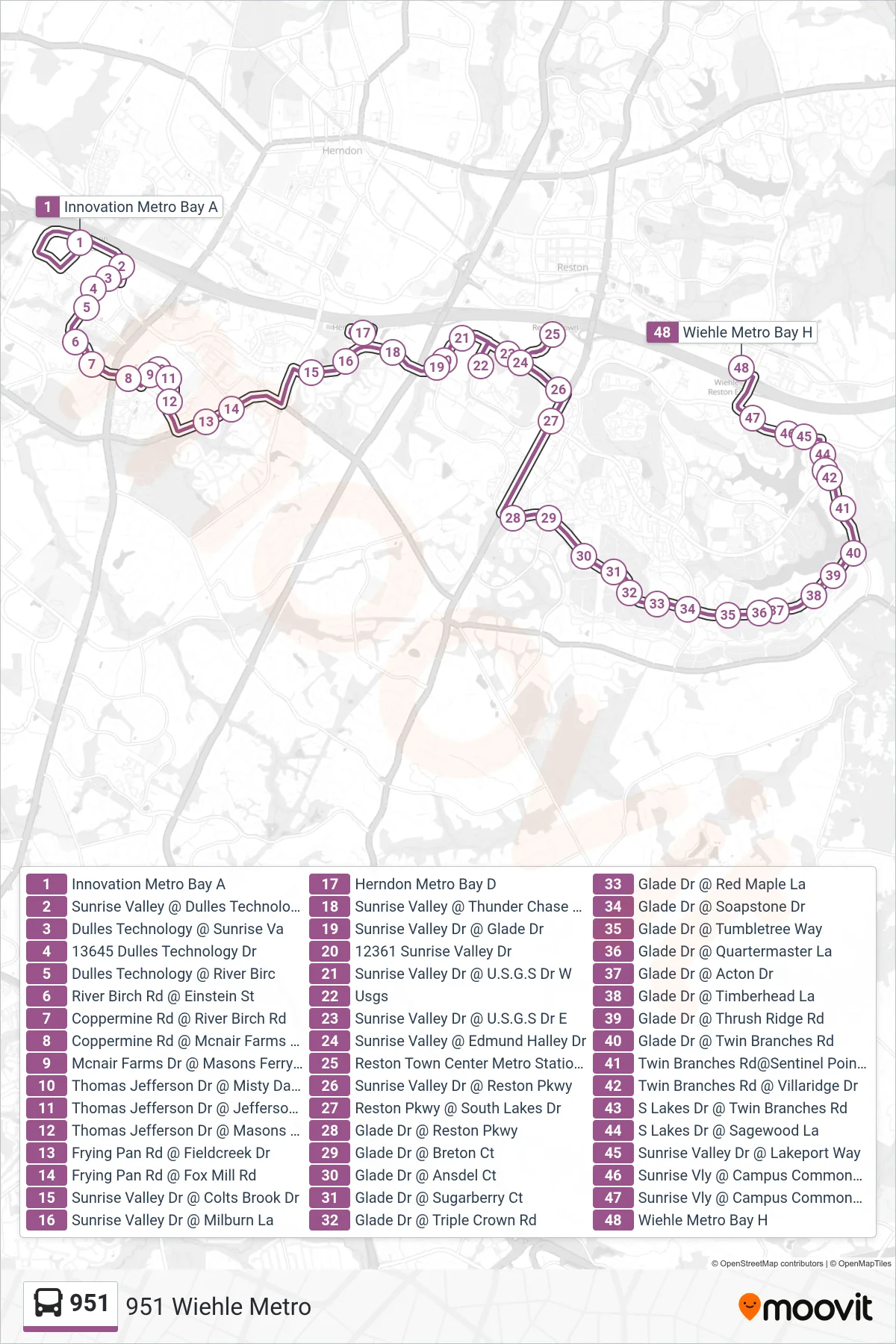 951 bus Line (951 Wiehle Metro) route and stops on a map