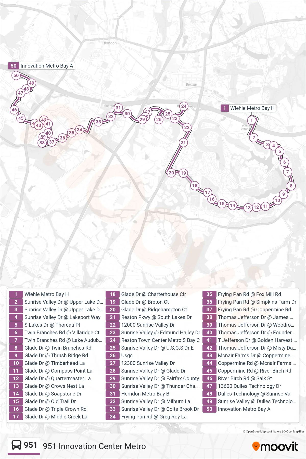 951 bus Line (951 Innovation Center Metro) route and stops on a map