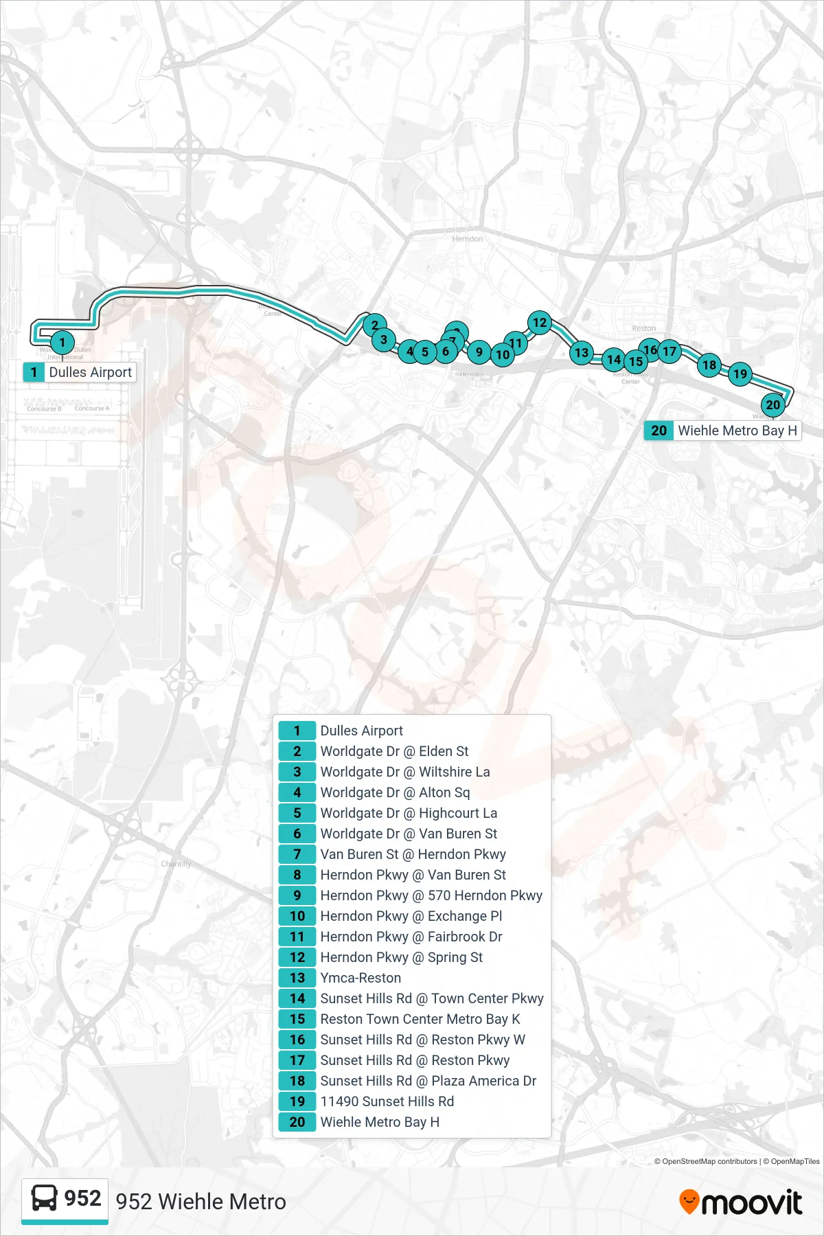 952 bus Line (952 Wiehle Metro) route and stops on a map