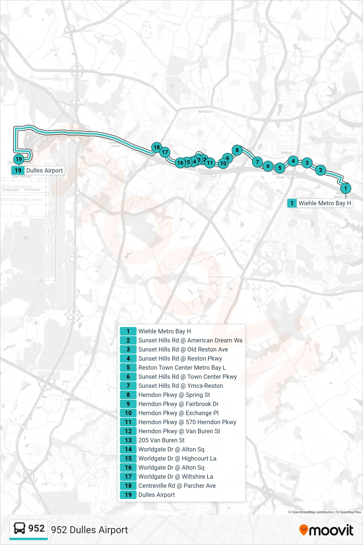 952 bus Line (952 Dulles Airport) route and stops on a map