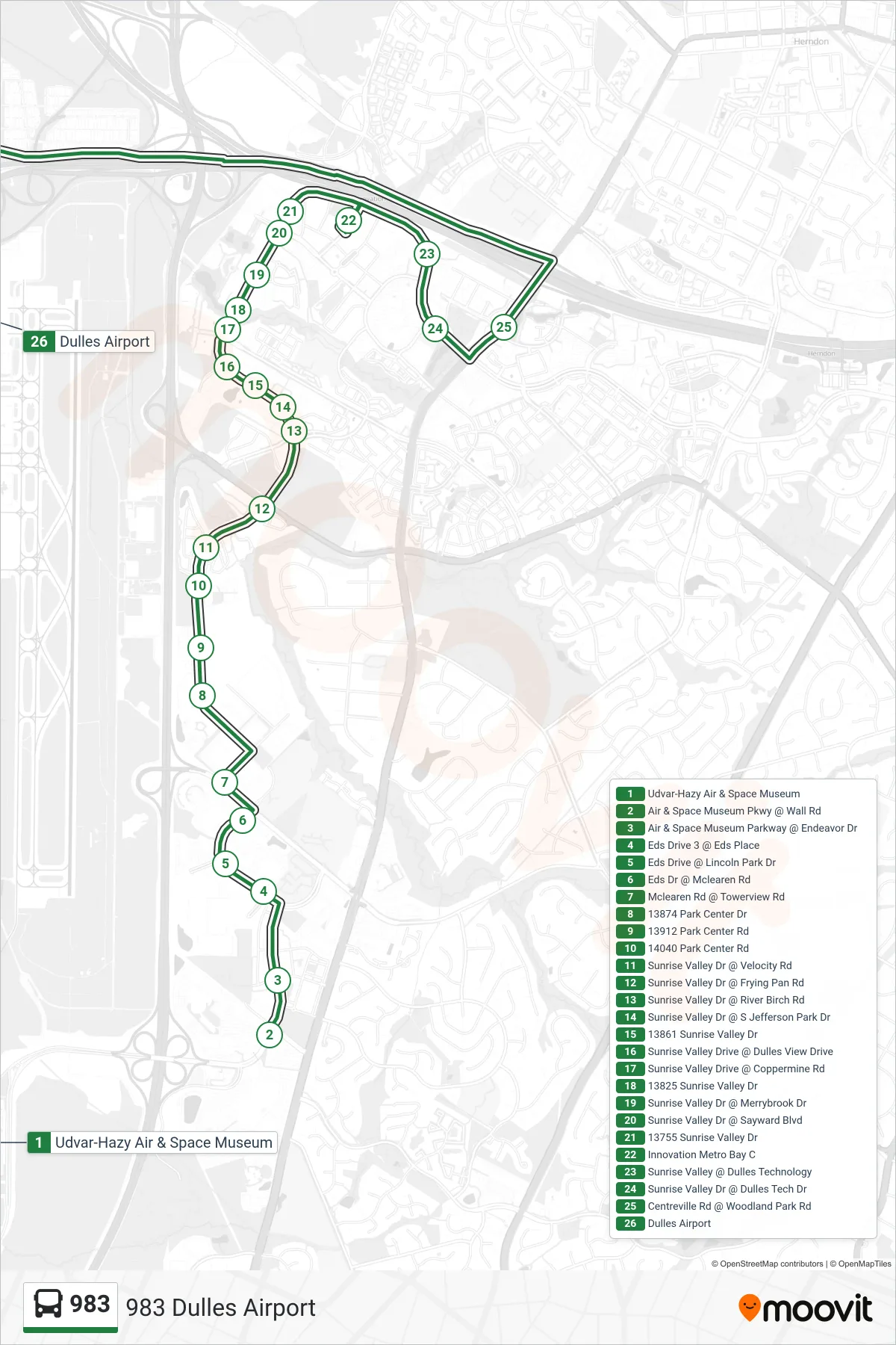 983 bus Line (983 Dulles Airport) route and stops on a map