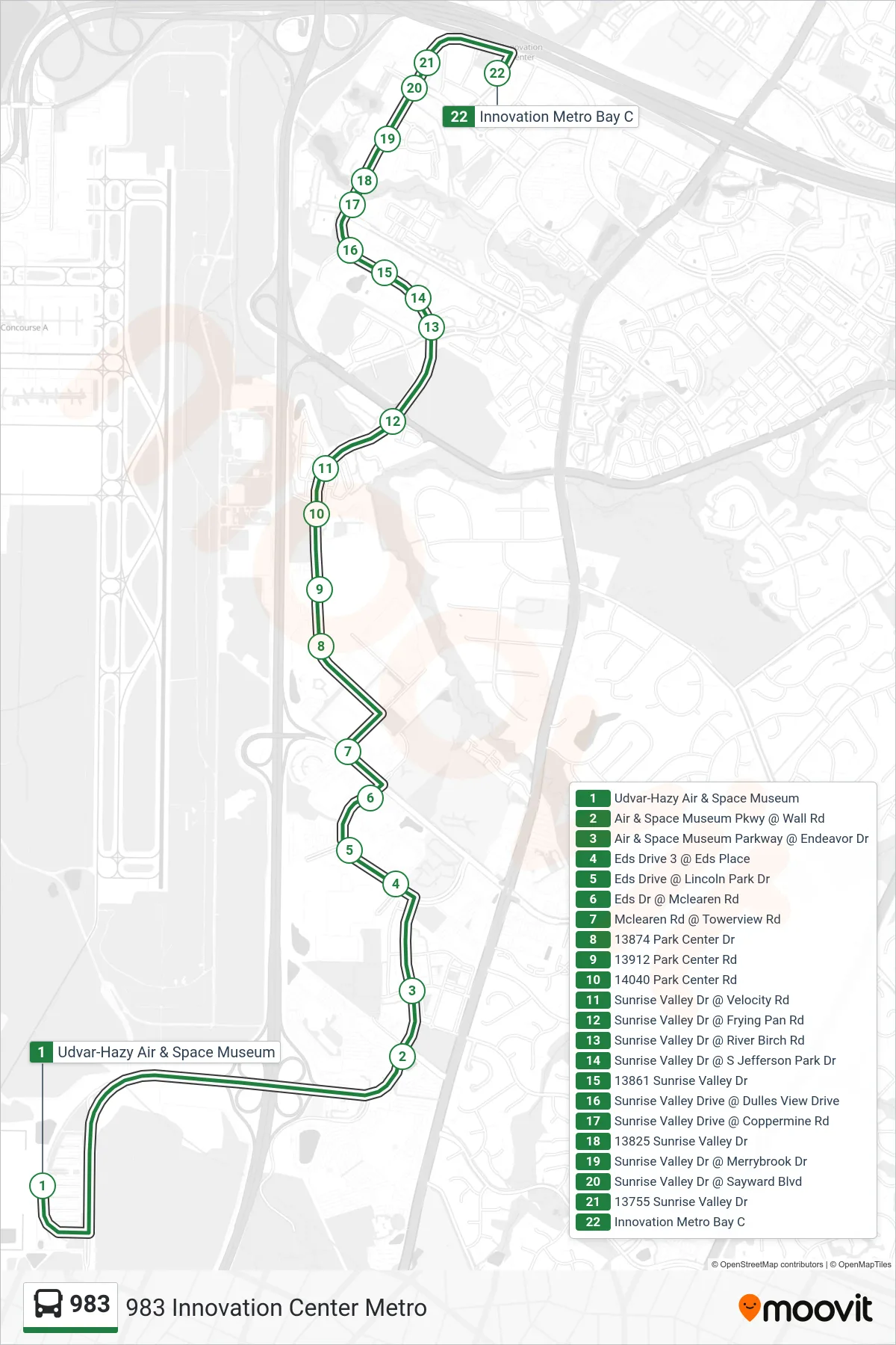 983 bus Line (983 Innovation Center Metro) route and stops on a map
