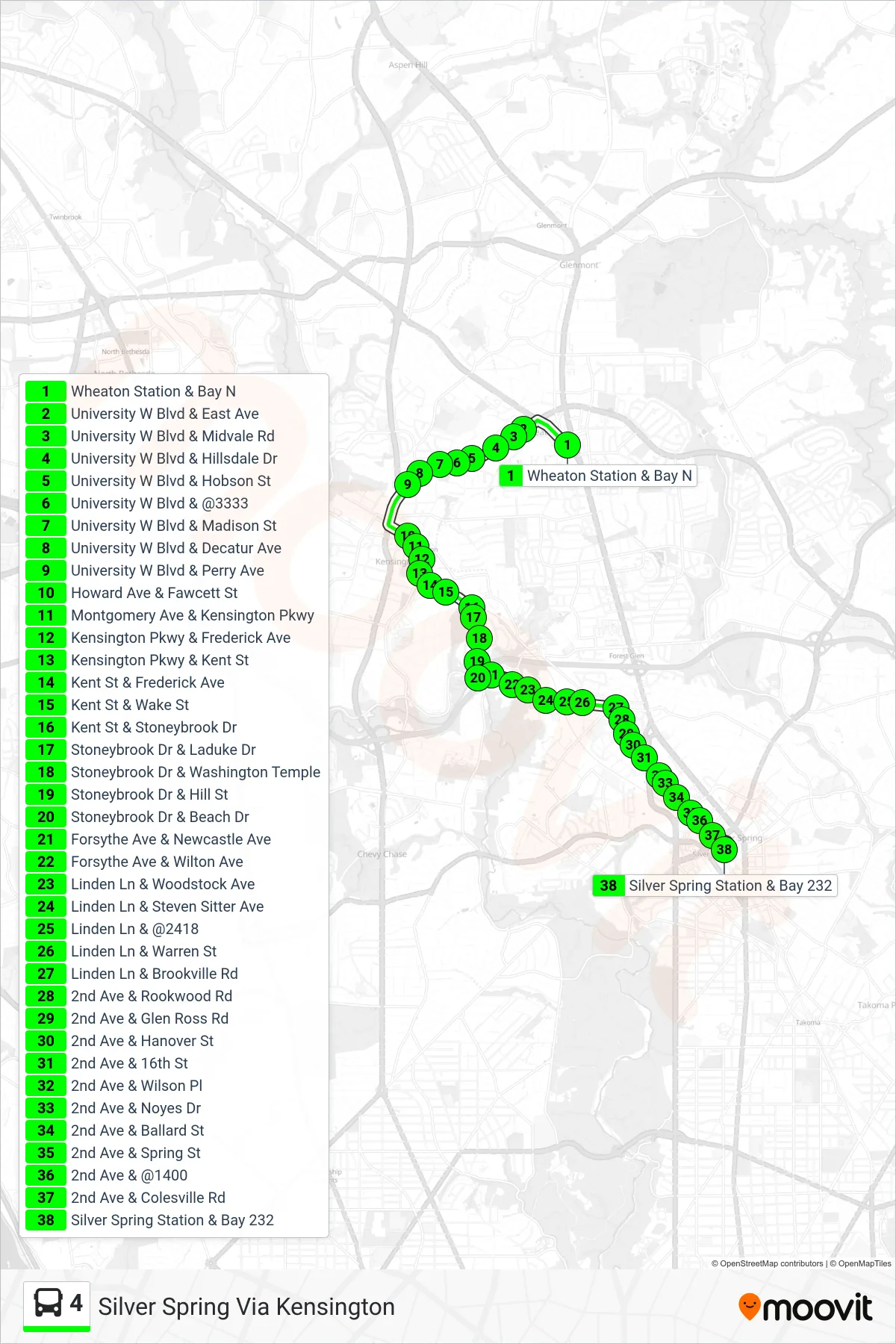 4 bus Line (Silver Spring Via Kensington) route and stops on a map