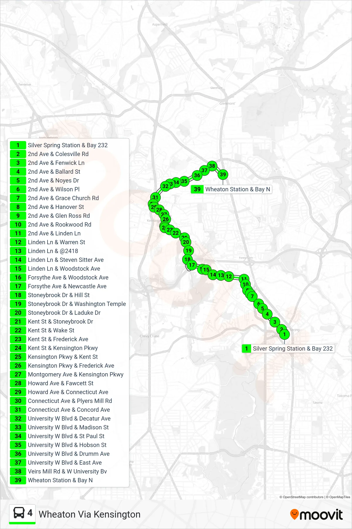 4 bus Line (Wheaton Via Kensington) route and stops on a map