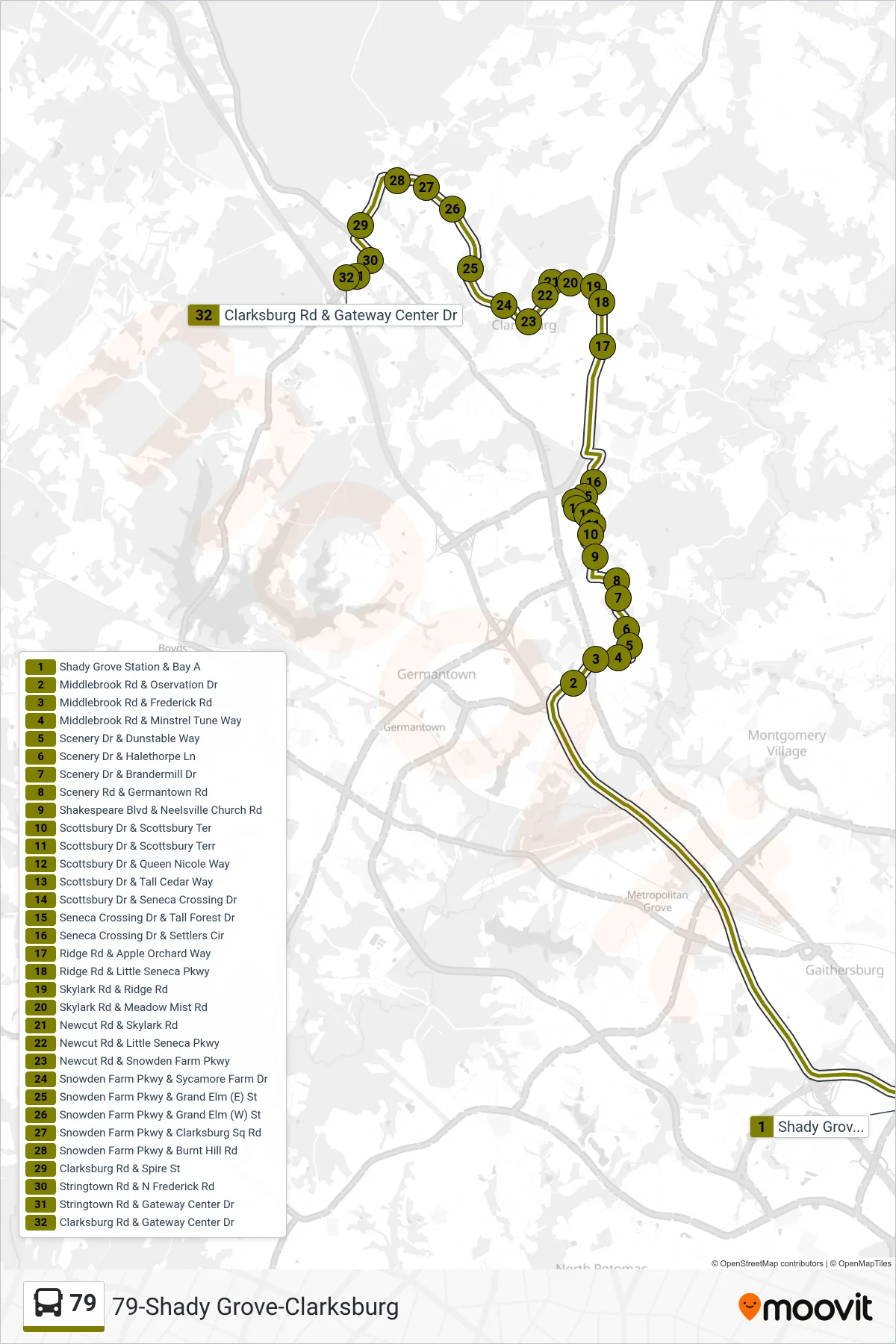 79 bus Line (Clarksburg) route and stops on a map