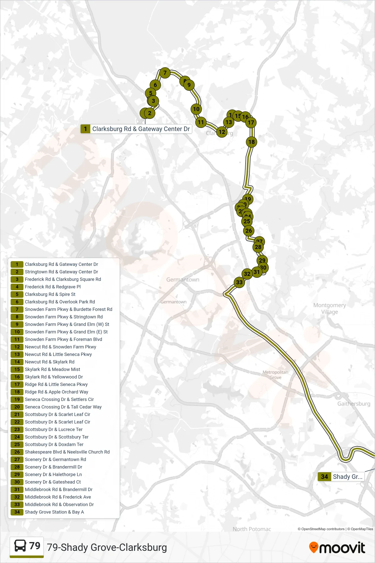 79 bus Line (Shady Grove) route and stops on a map