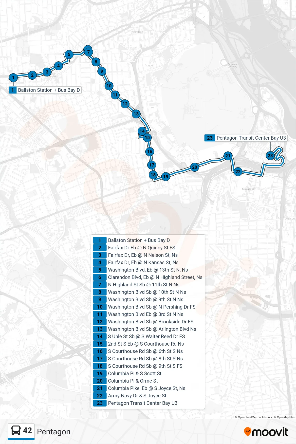42 bus Line (Pentagon) route and stops on a map