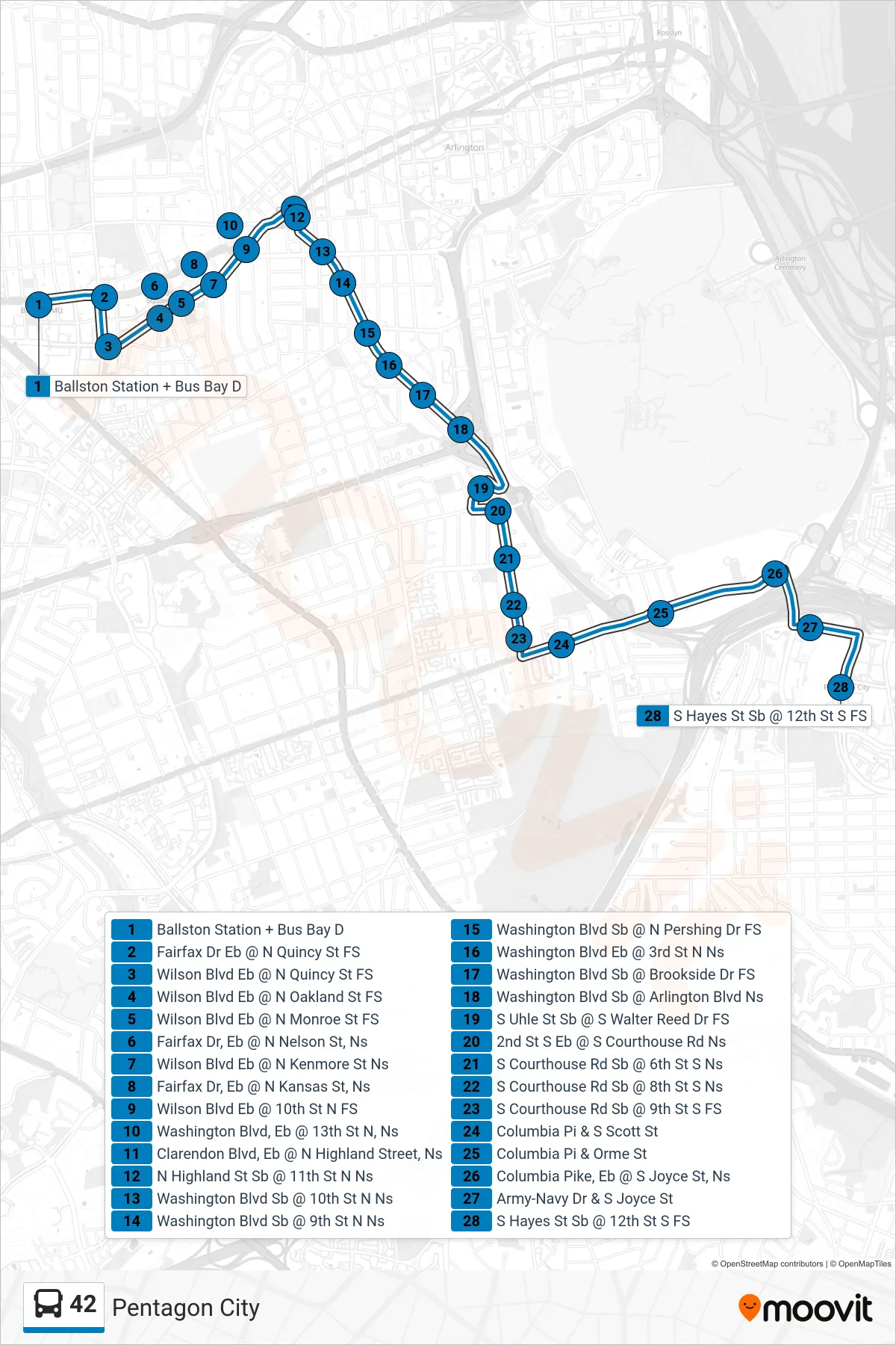 42 bus Line (Pentagon City) route and stops on a map