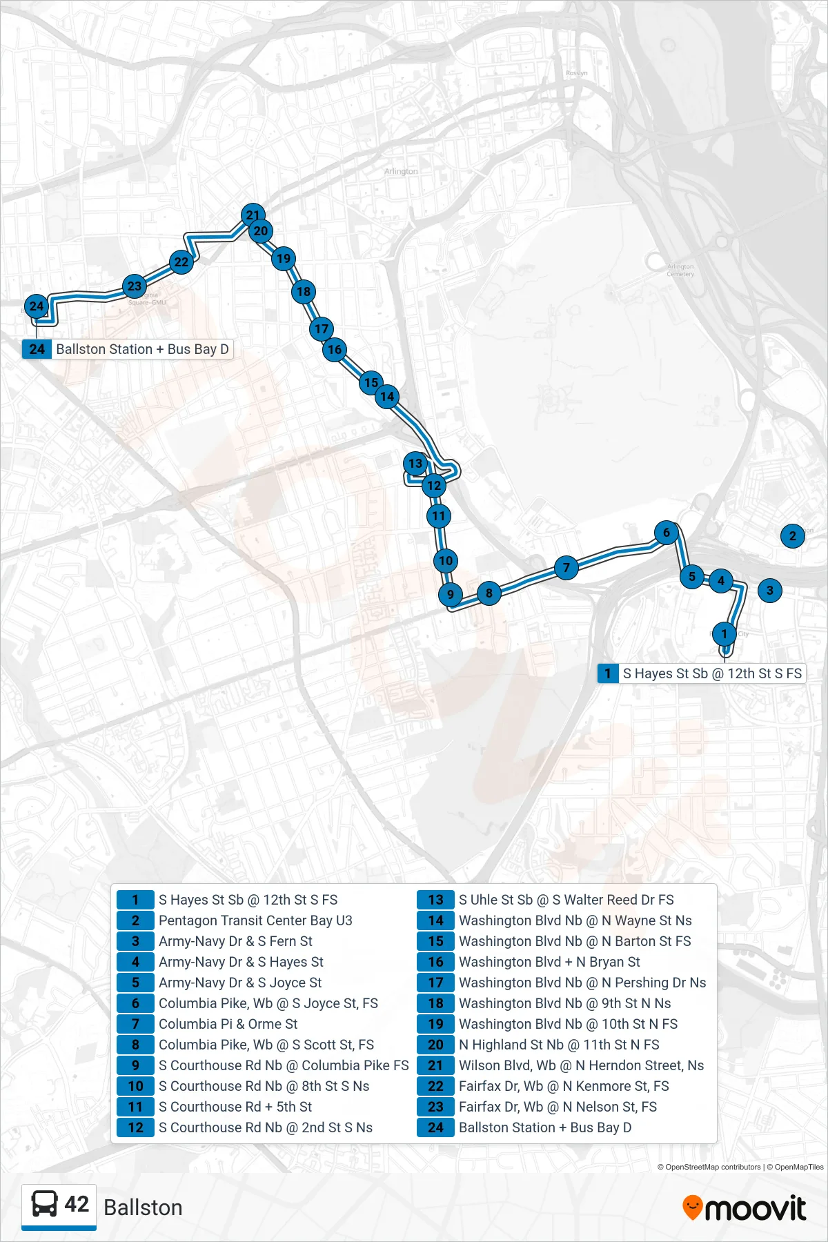 42 bus Line (Ballston) route and stops on a map