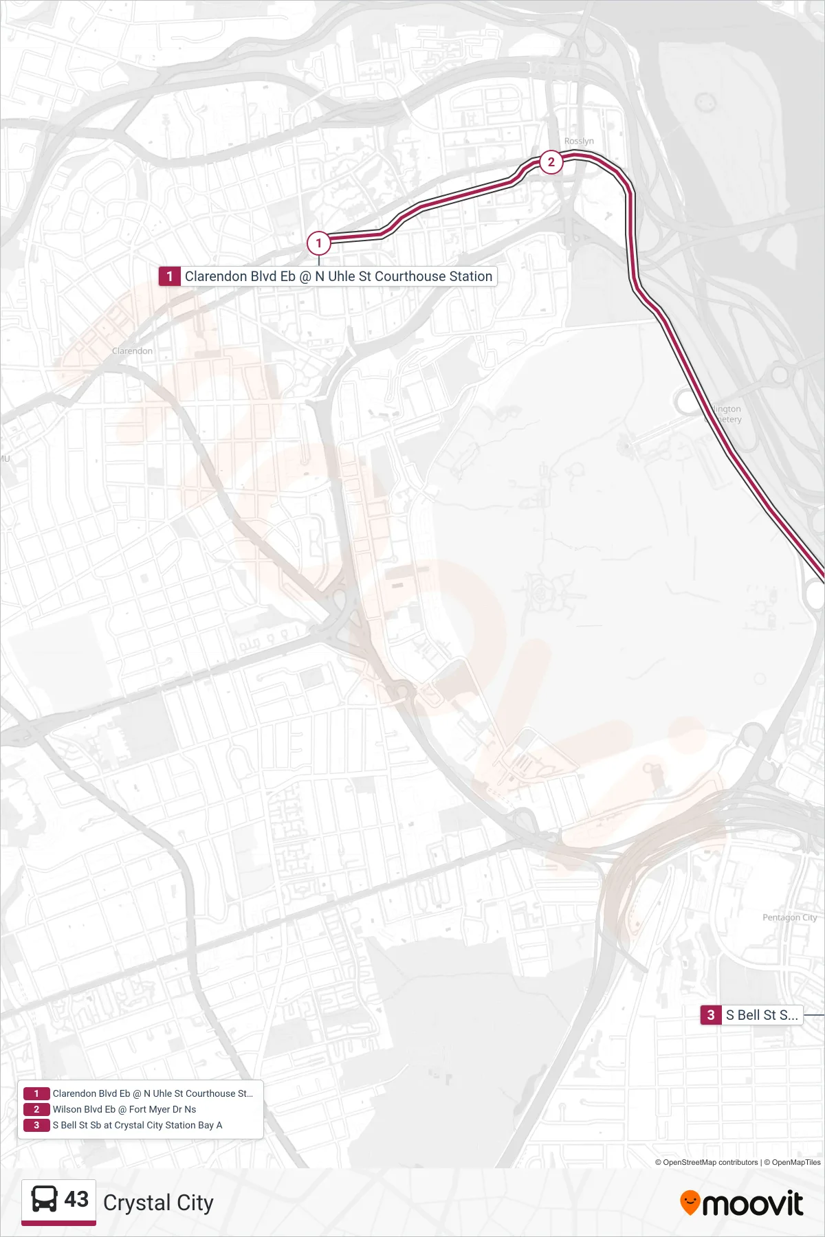 43 bus Line (Crystal City) route and stops on a map