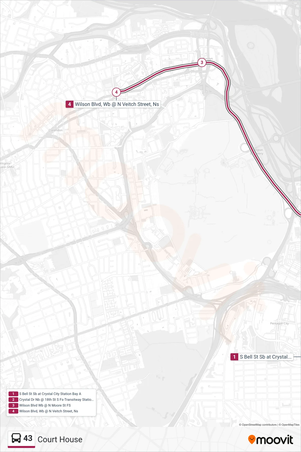 43 bus Line (Court House) route and stops on a map