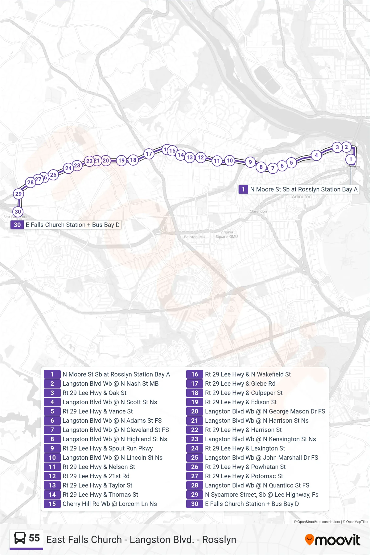 55 bus Line (East Falls Church) route and stops on a map