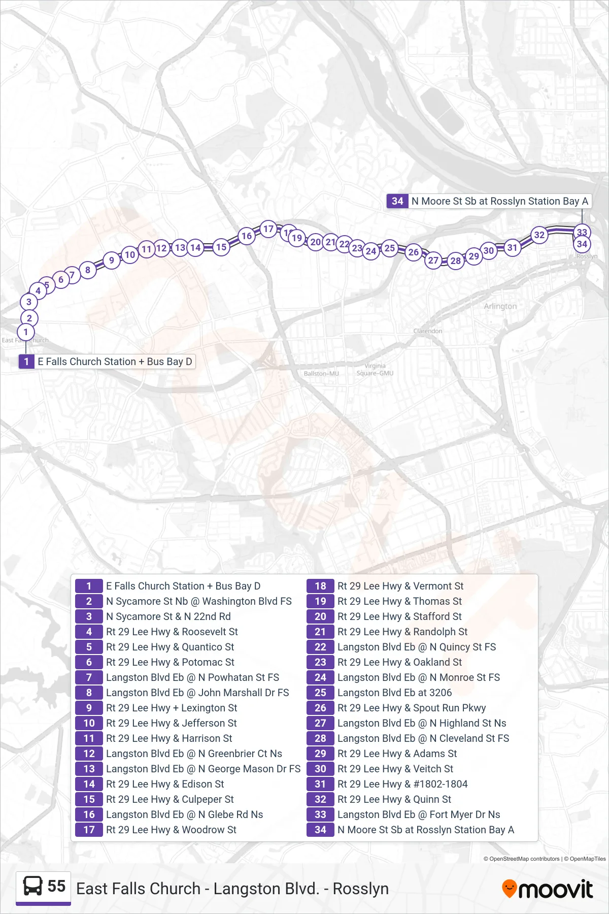 55 bus Line (Rosslyn) route and stops on a map