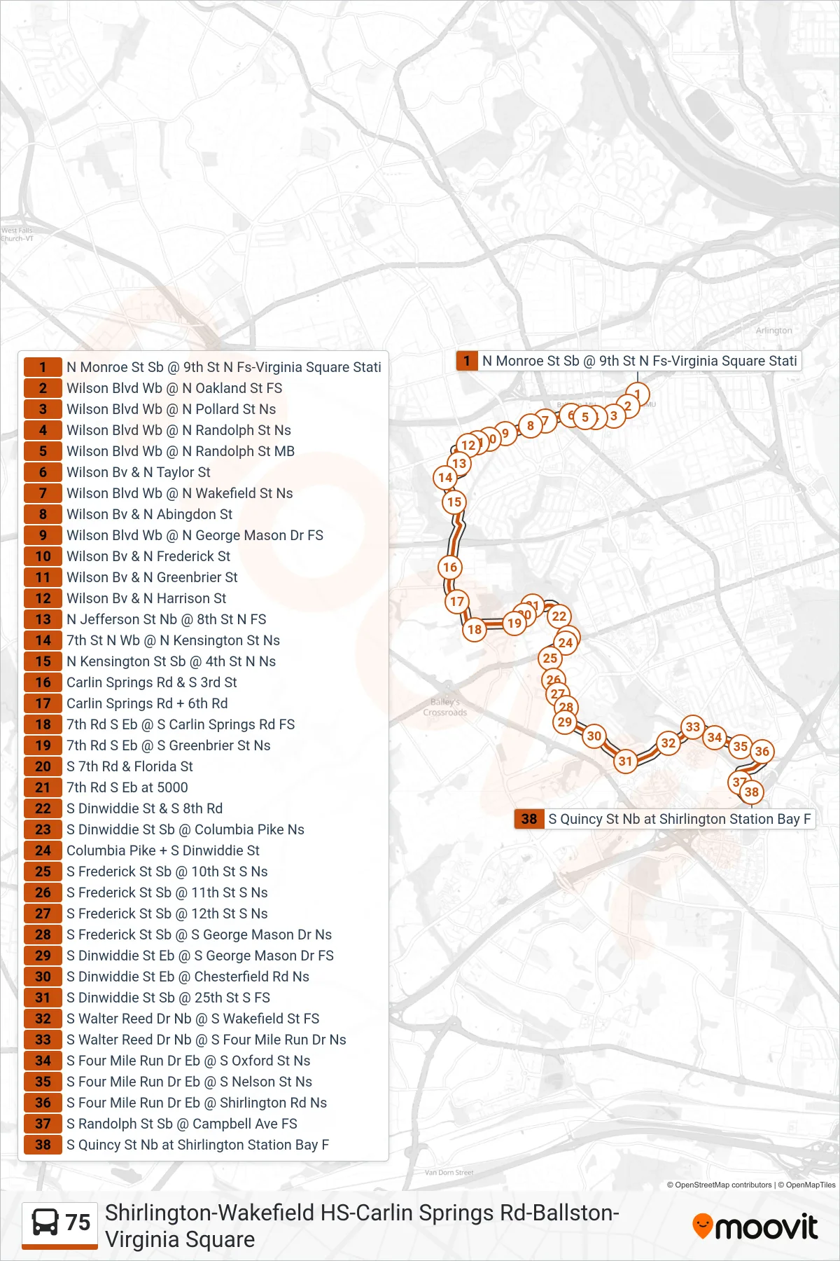 75 bus Line (Shirlington) route and stops on a map