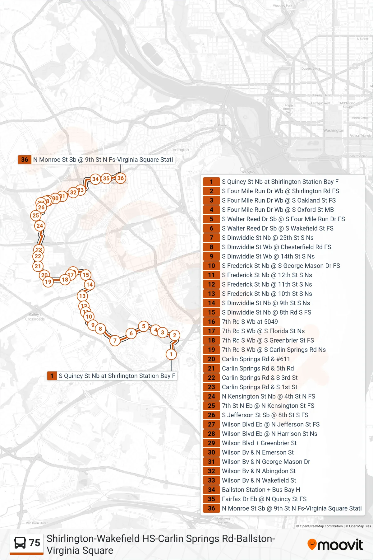 75 bus Line (Virginia Square) route and stops on a map