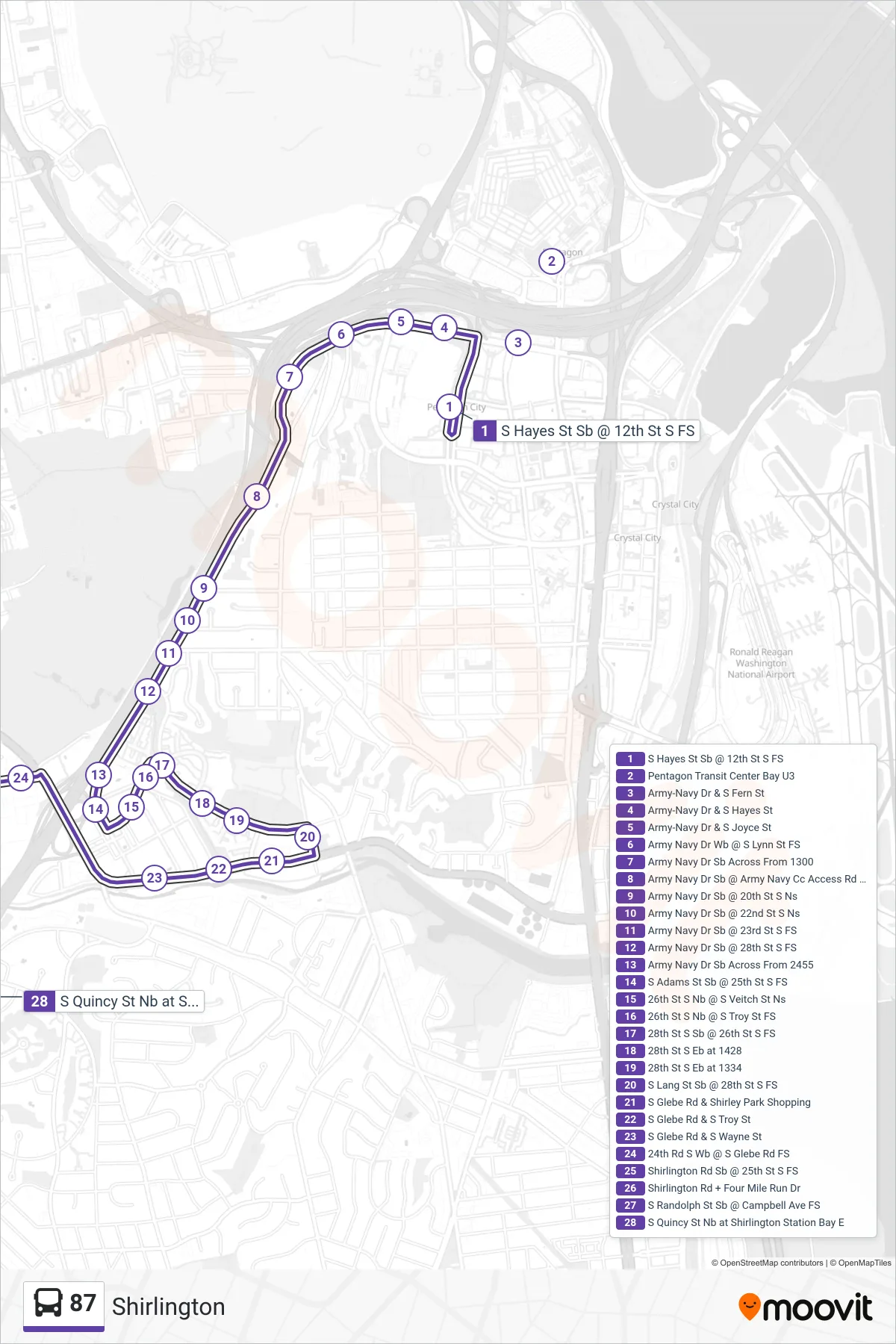 87 bus Line (Shirlington) route and stops on a map