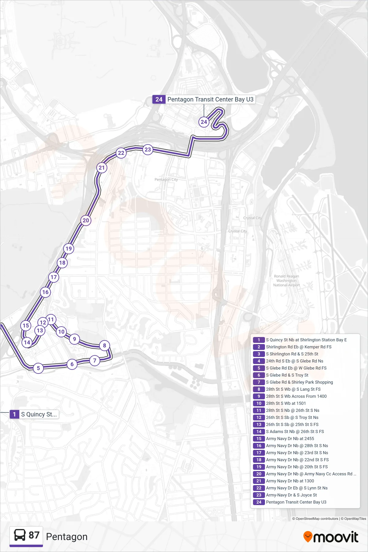 87 bus Line (Pentagon) route and stops on a map