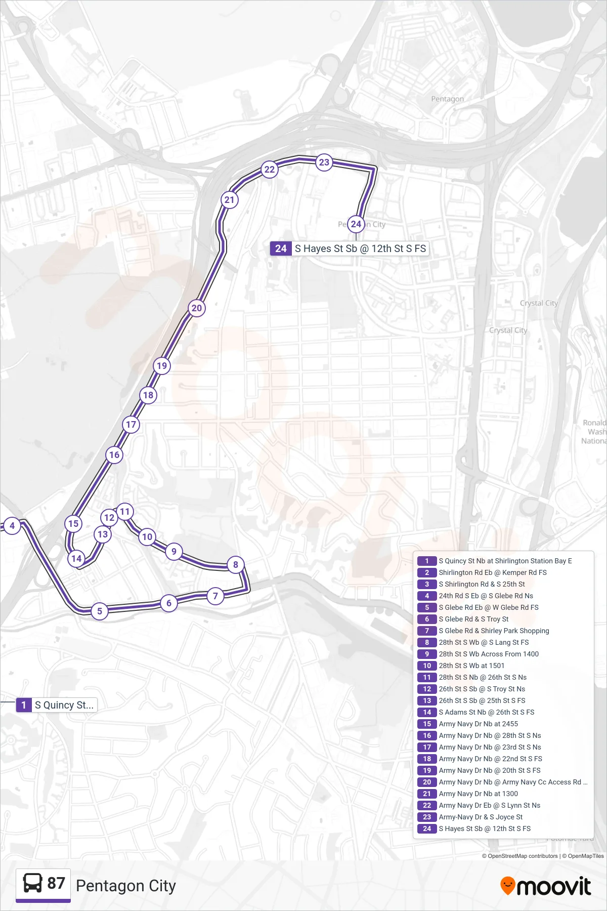 87 bus Line (Pentagon City) route and stops on a map