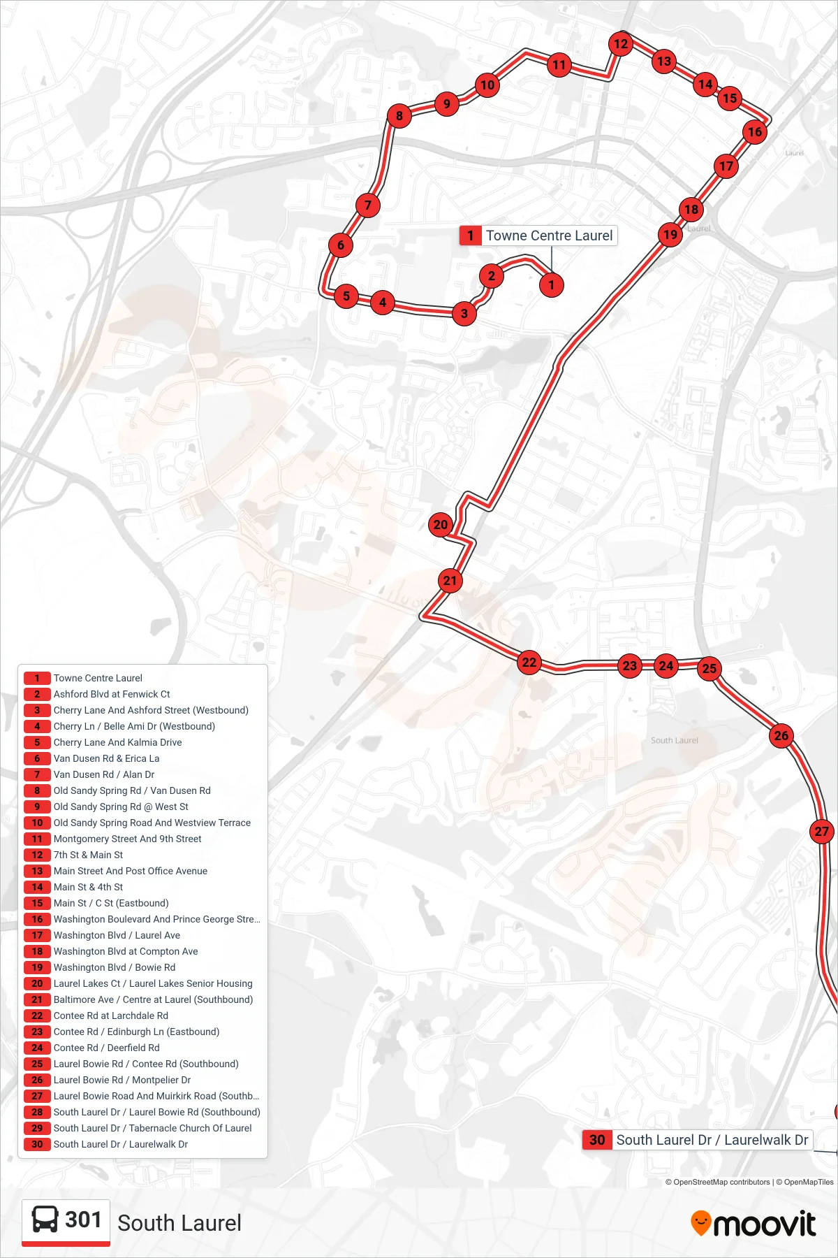 301 bus Line (South Laurel) route and stops on a map