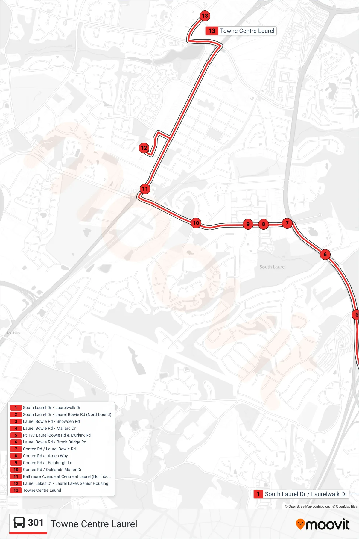 301 bus Line (Towne Centre Laurel) route and stops on a map