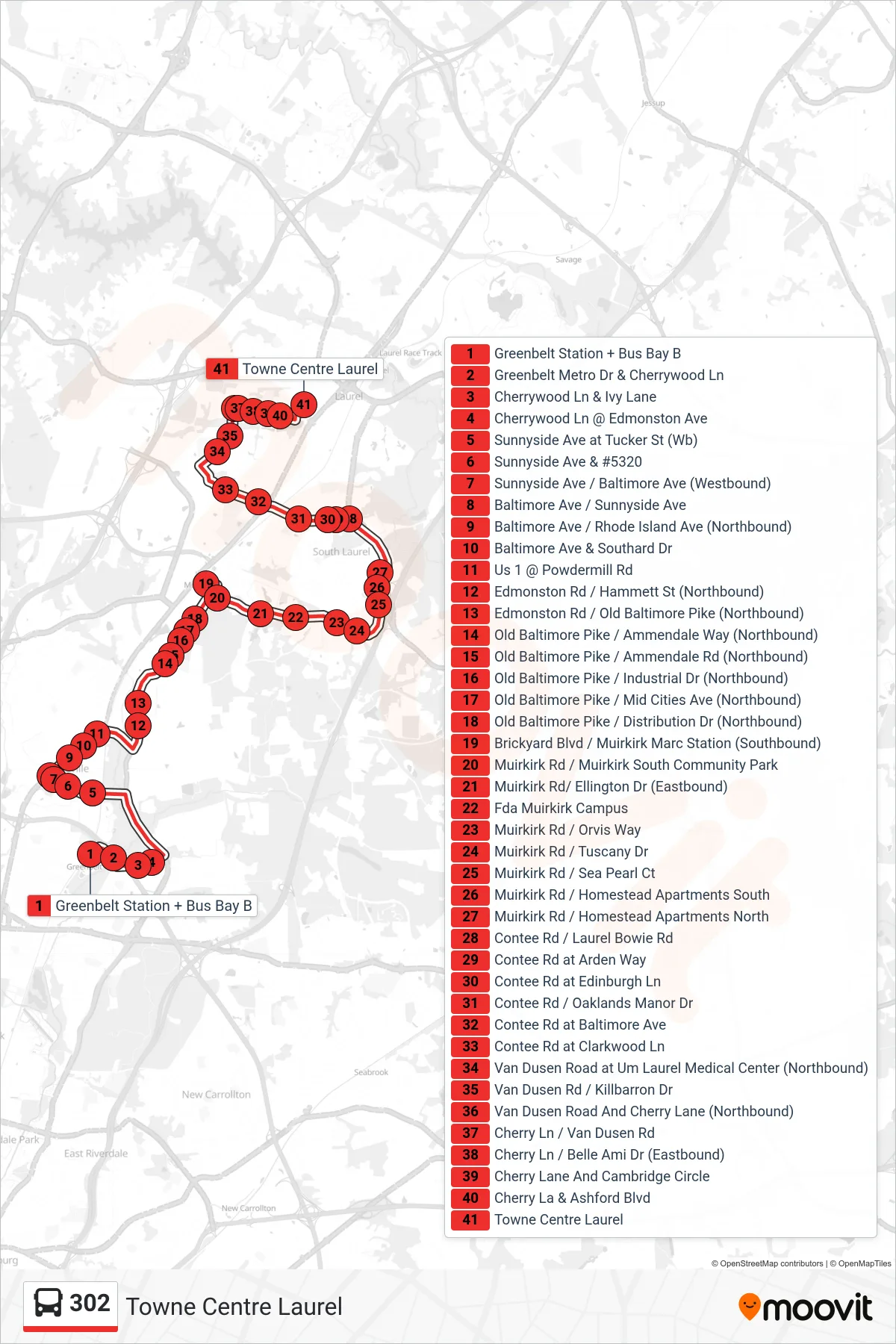 302 bus Line (Towne Centre Laurel) route and stops on a map