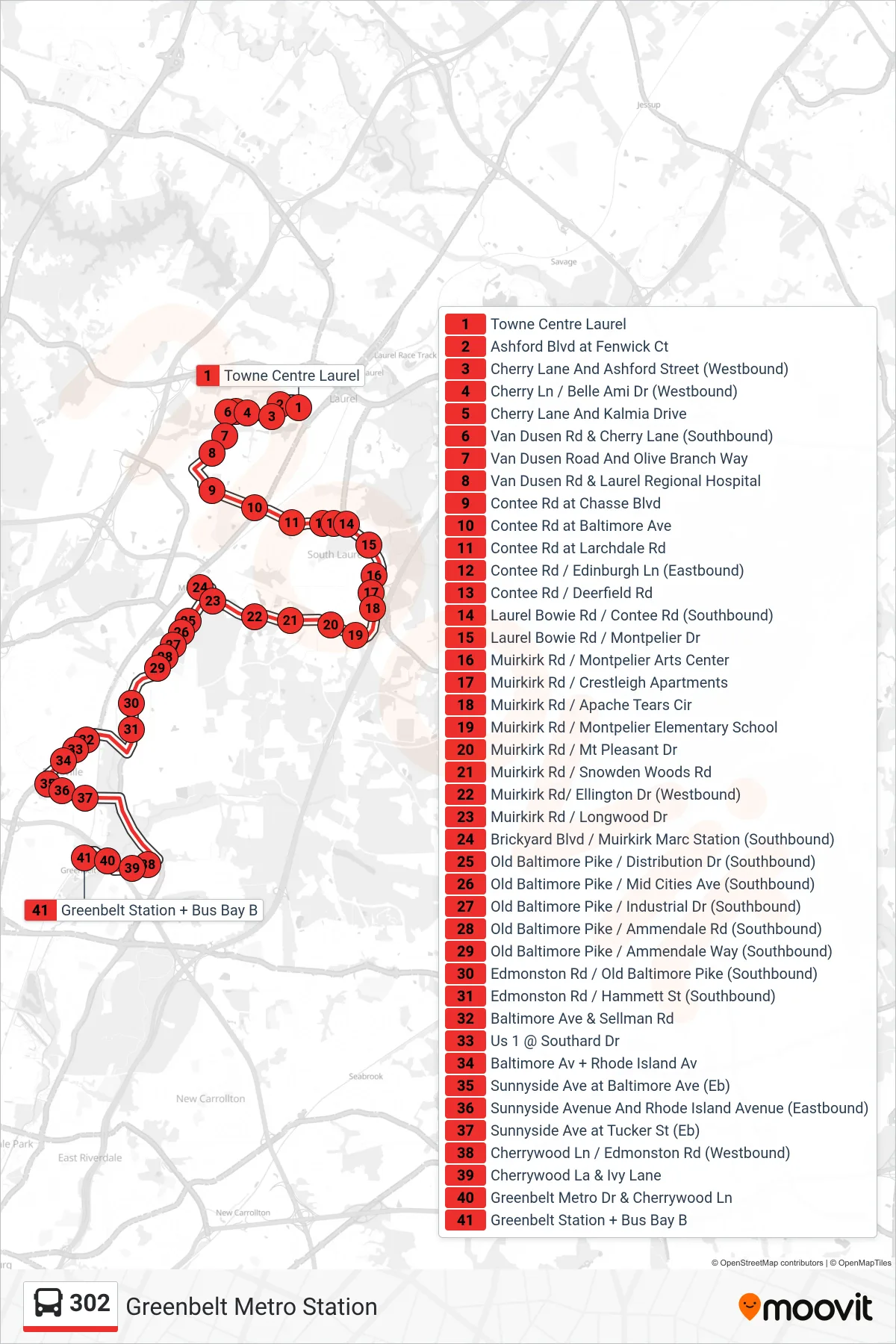 302 bus Line (Greenbelt Metro Station) route and stops on a map