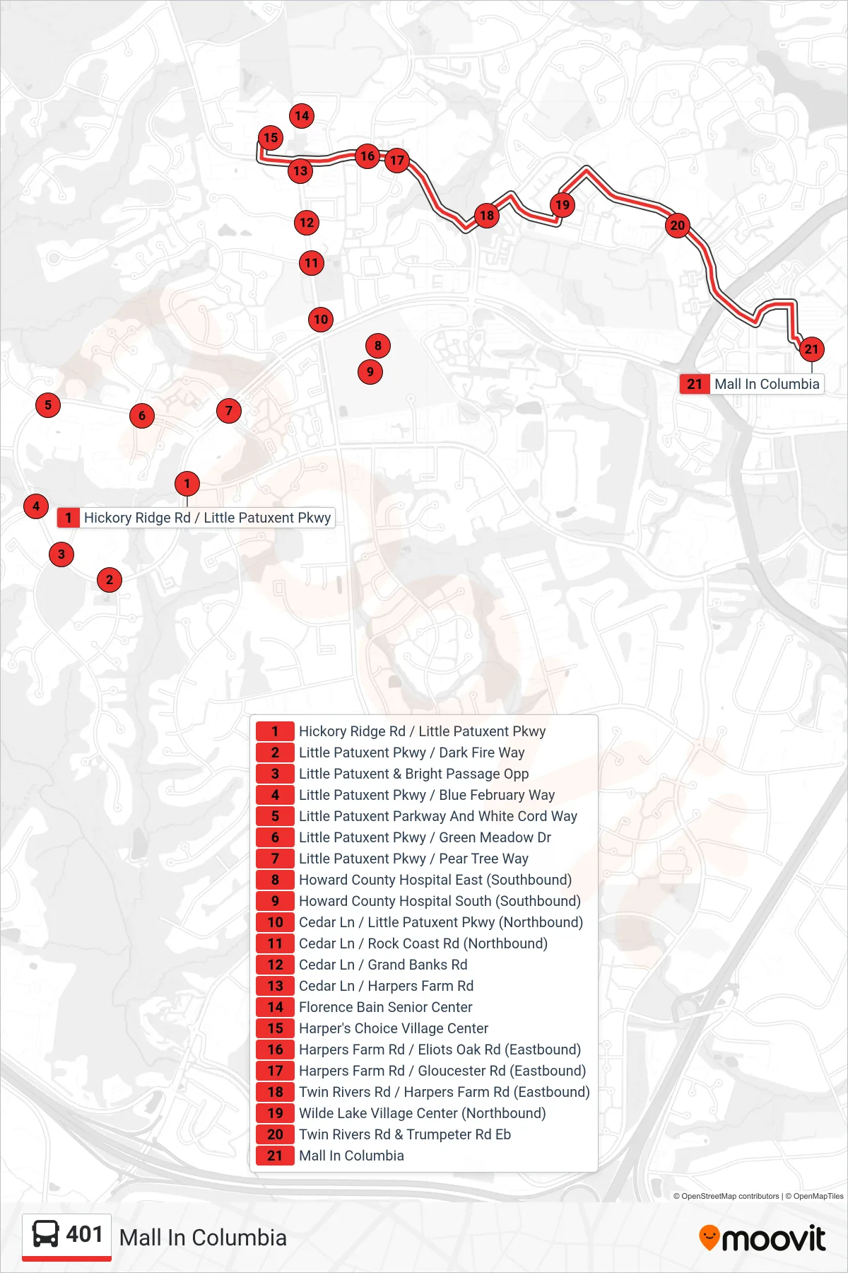 401 bus Line (Mall In Columbia) route and stops on a map