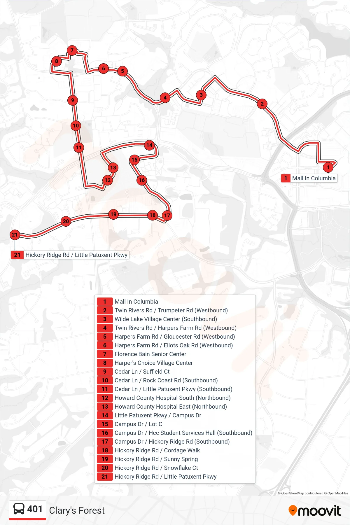 401 bus Line (Clary's Forest) route and stops on a map
