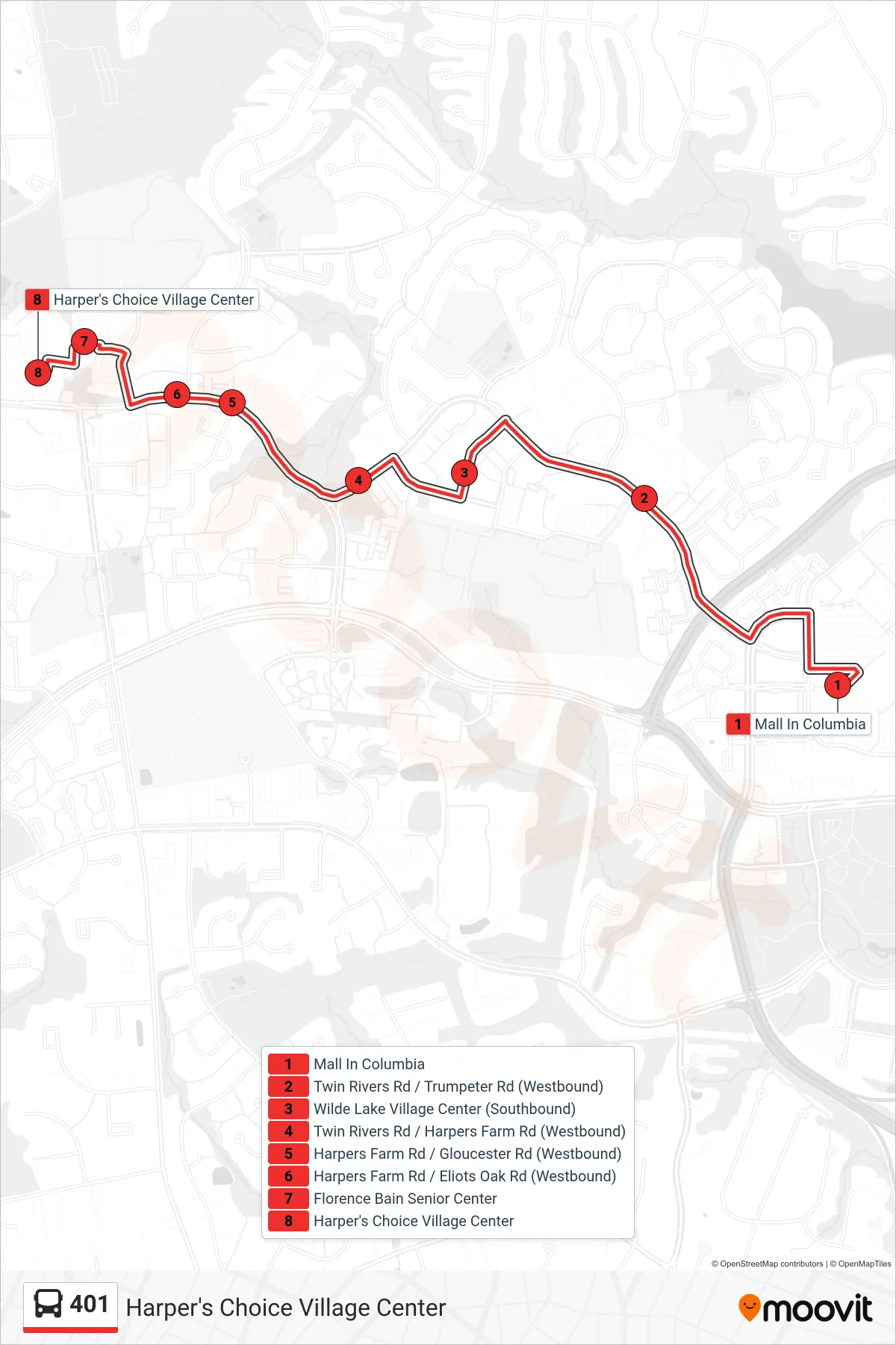 401 bus Line (Harper's Choice Village Center) route and stops on a map
