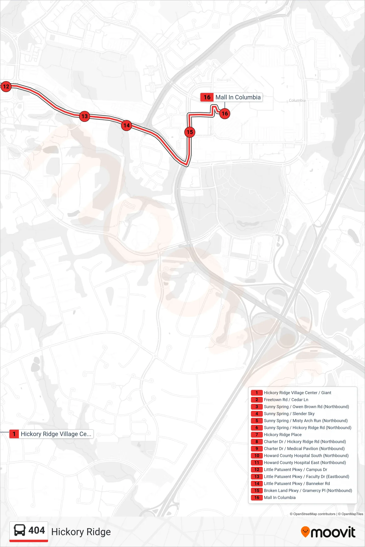 404 bus Line (Mall In Columbia) route and stops on a map