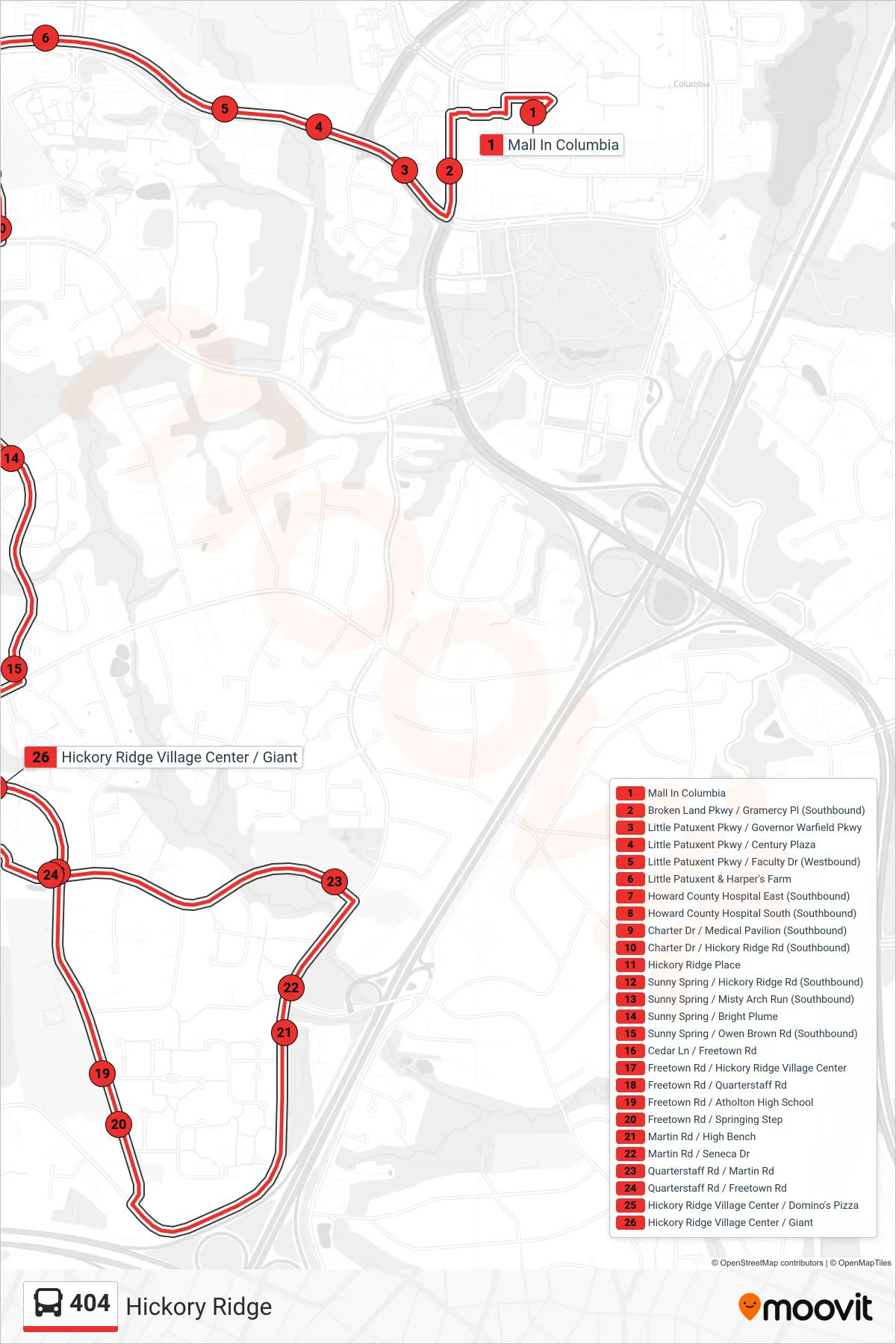 404 bus Line (Hickory Ridge Village Center) route and stops on a map