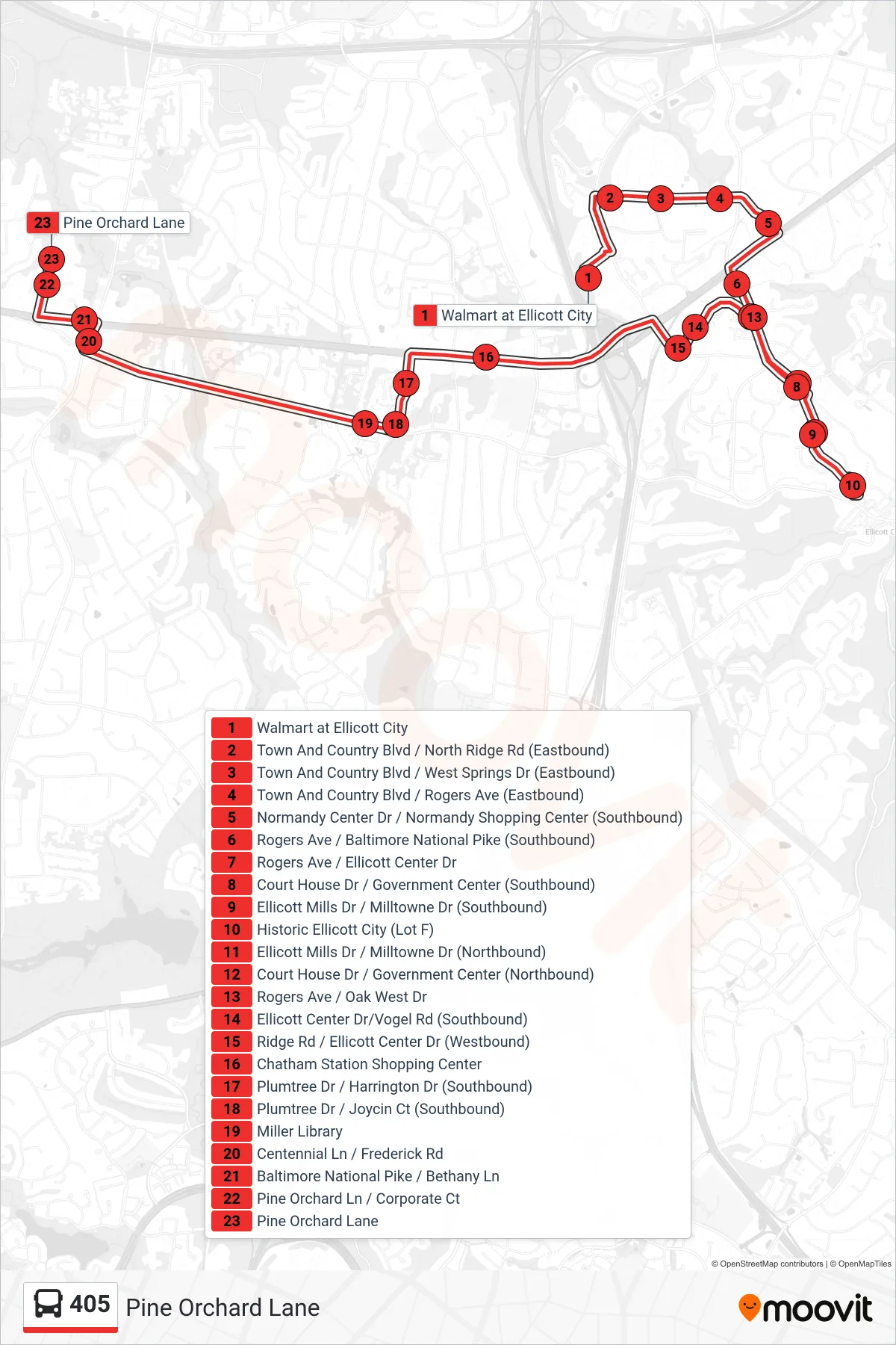 405 bus Line (Pine Orchard Lane) route and stops on a map