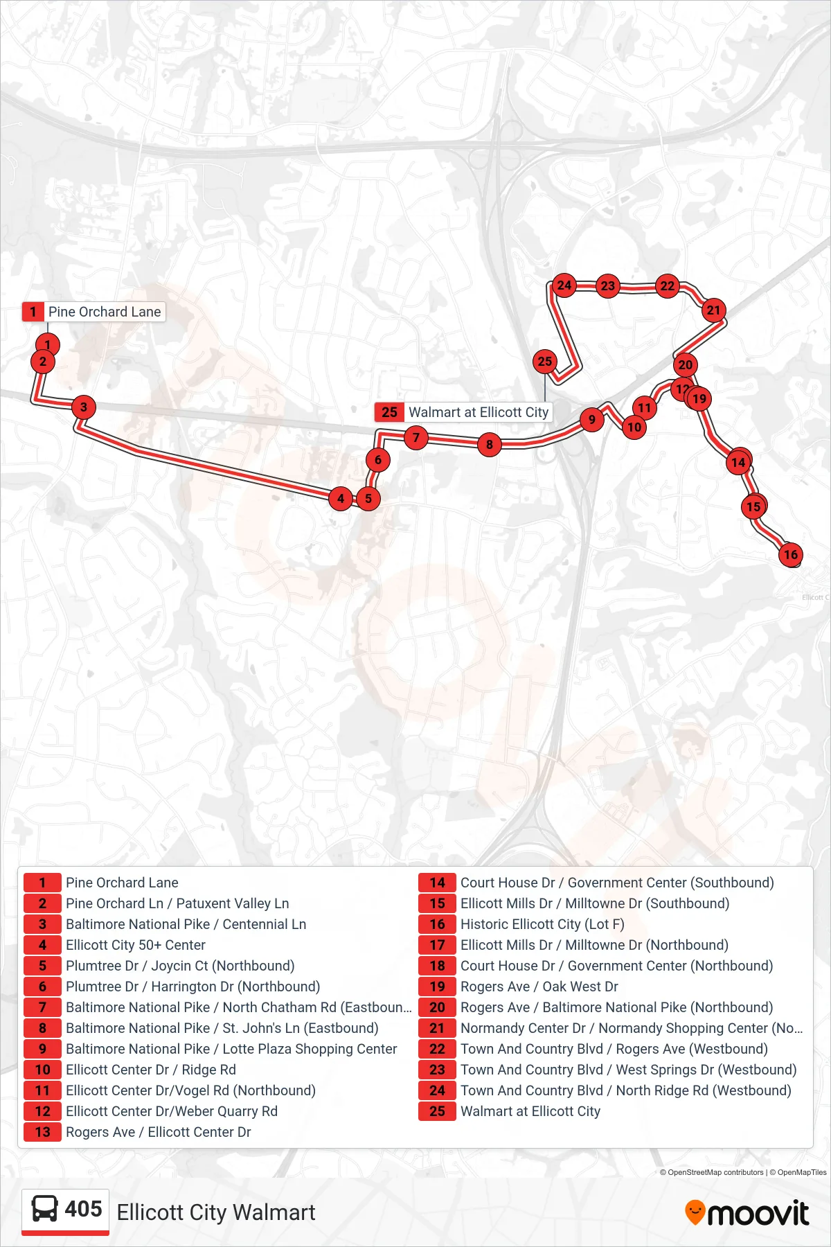 405 bus Line (Ellicott City Walmart) route and stops on a map