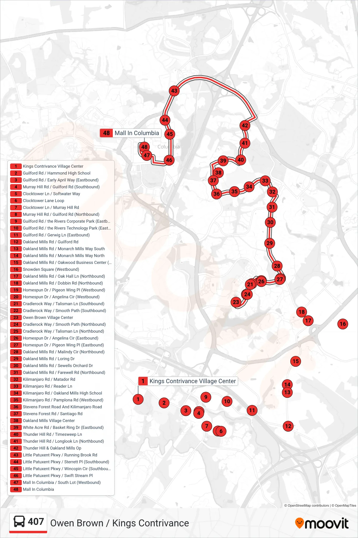 407 bus Line (Mall In Columbia) route and stops on a map