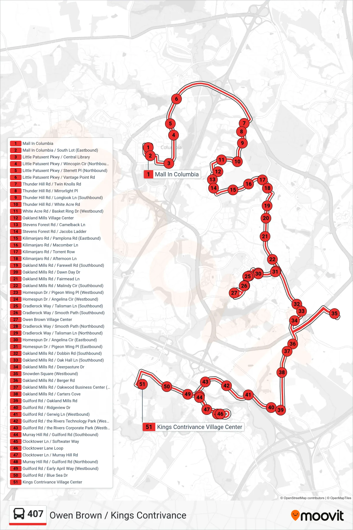 407 bus Line (Kings Contrivance Village Center) route and stops on a map