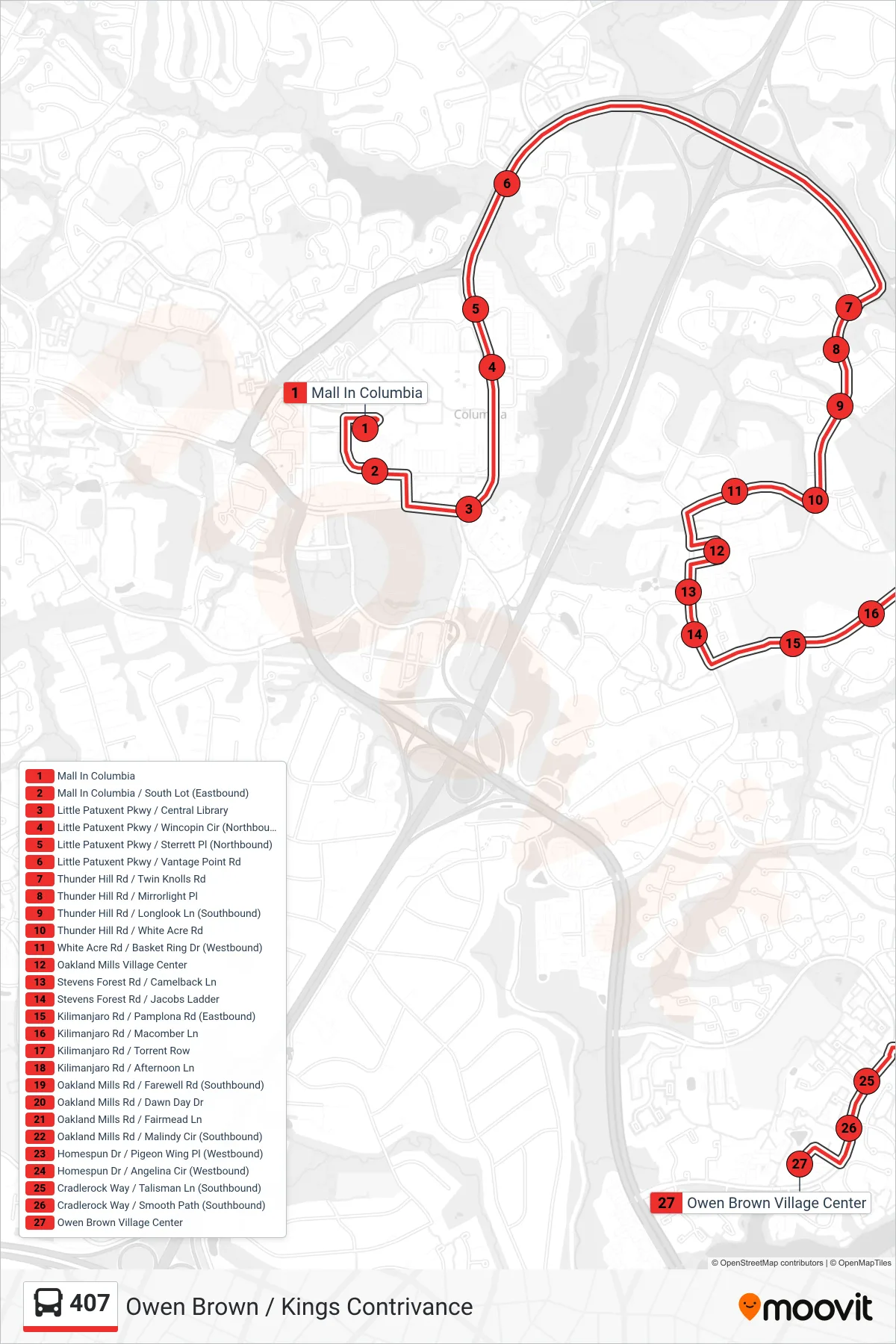 407 bus Line (Owen Brown Village Center) route and stops on a map