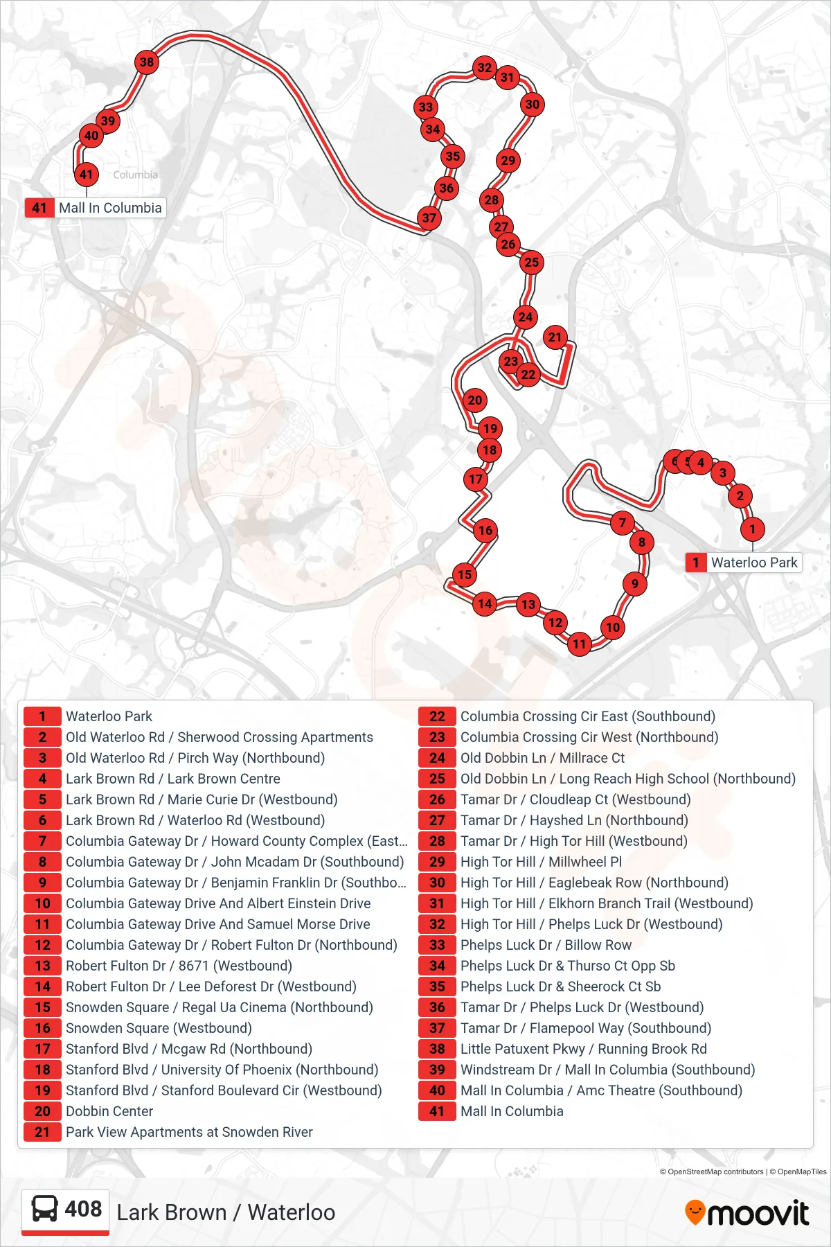 408 bus Line (Mall In Columbia) route and stops on a map