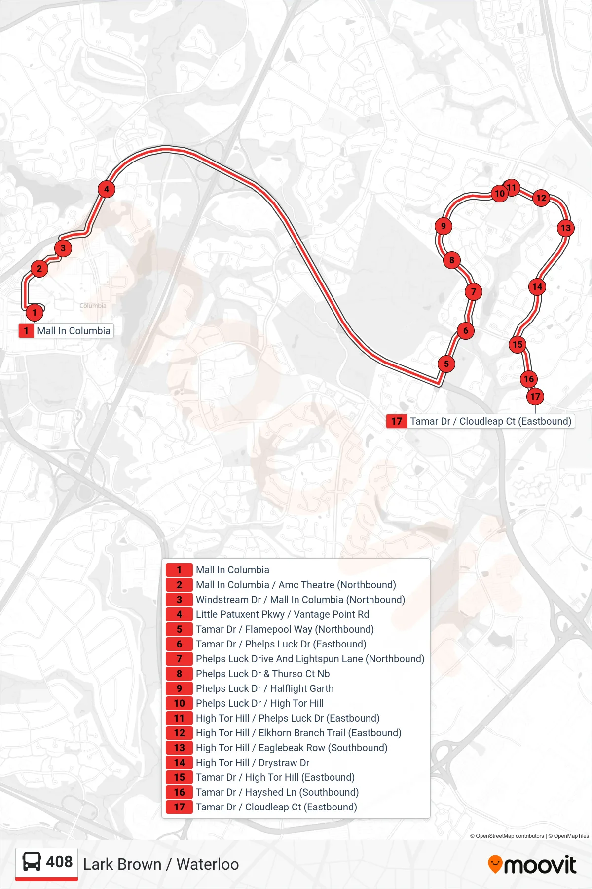 408 bus Line (Tamar Drive / Cloudleap Court) route and stops on a map