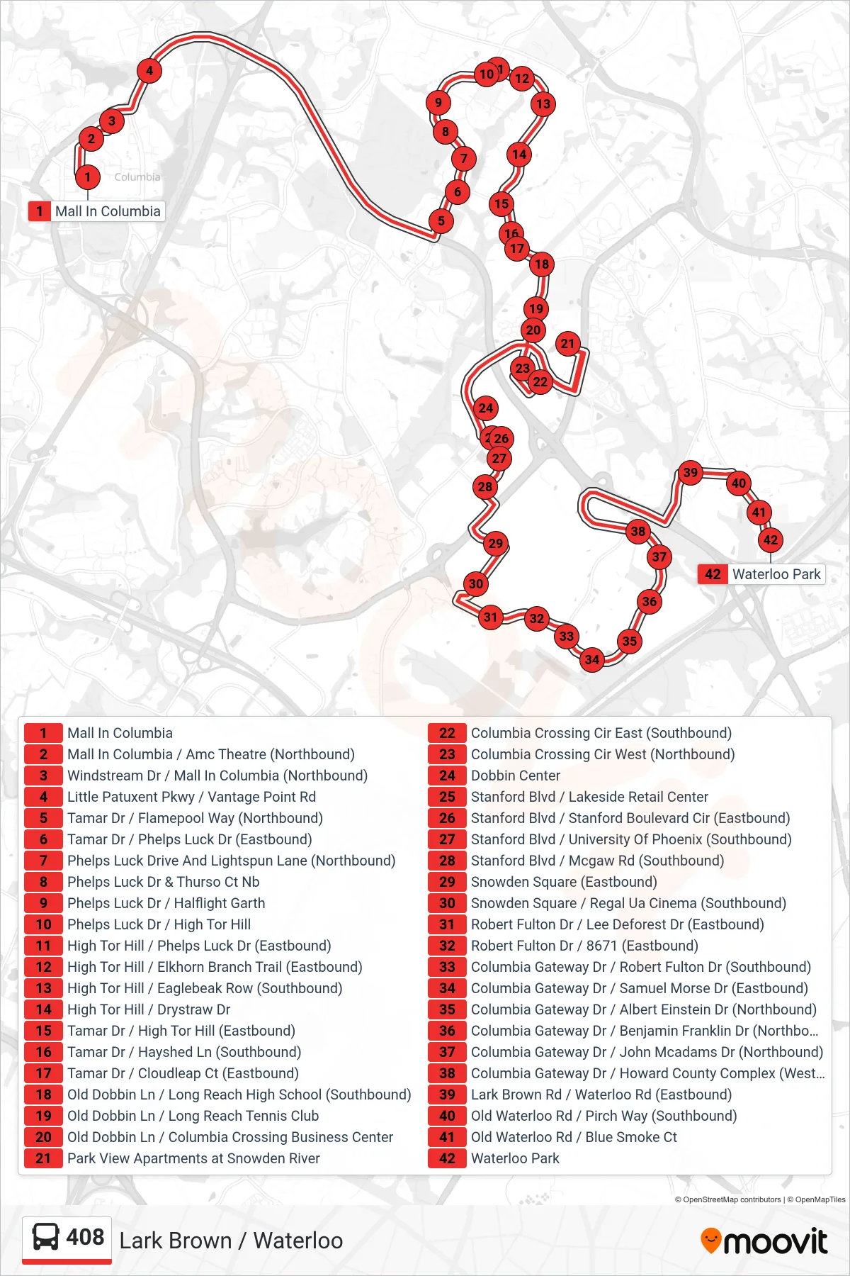 408 bus Line (Waterloo Park) route and stops on a map