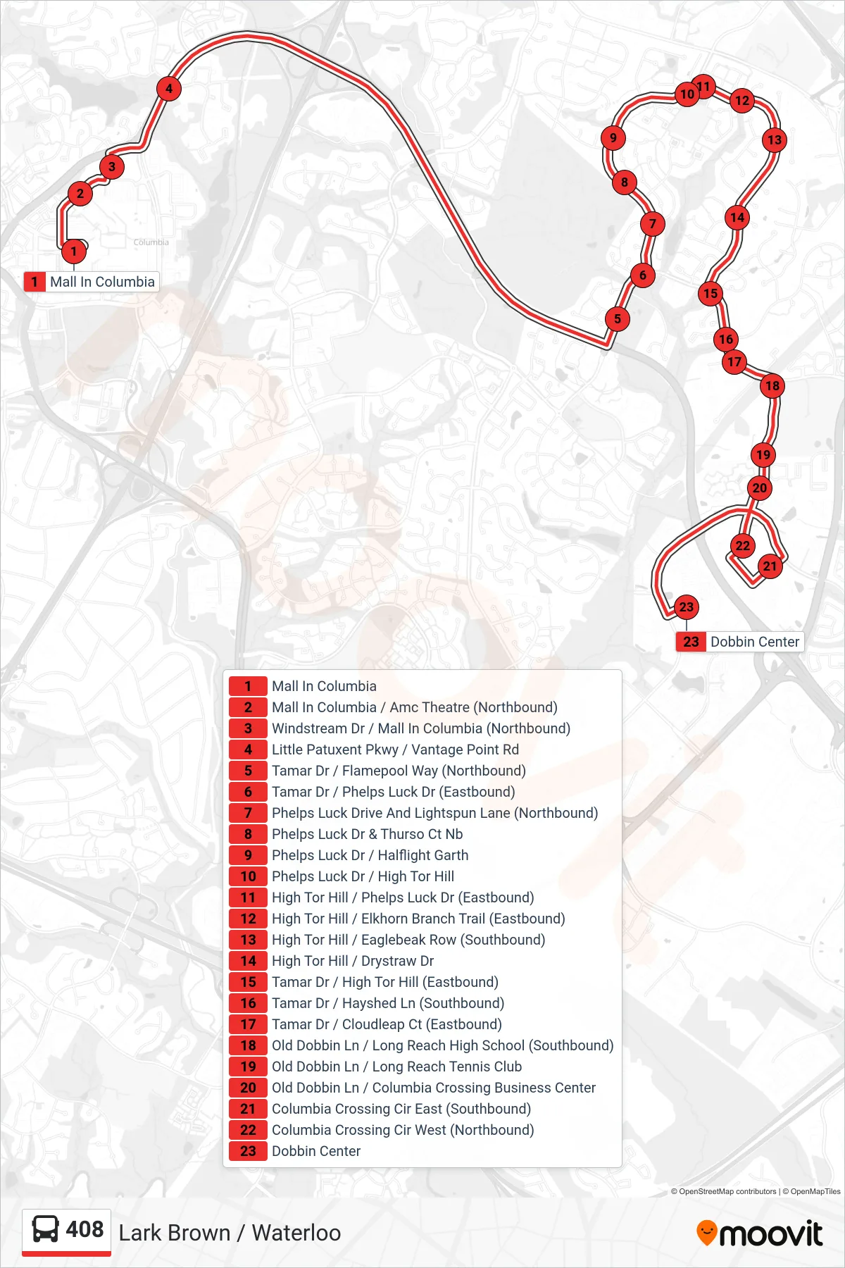 408 bus Line (Dobbin Center) route and stops on a map