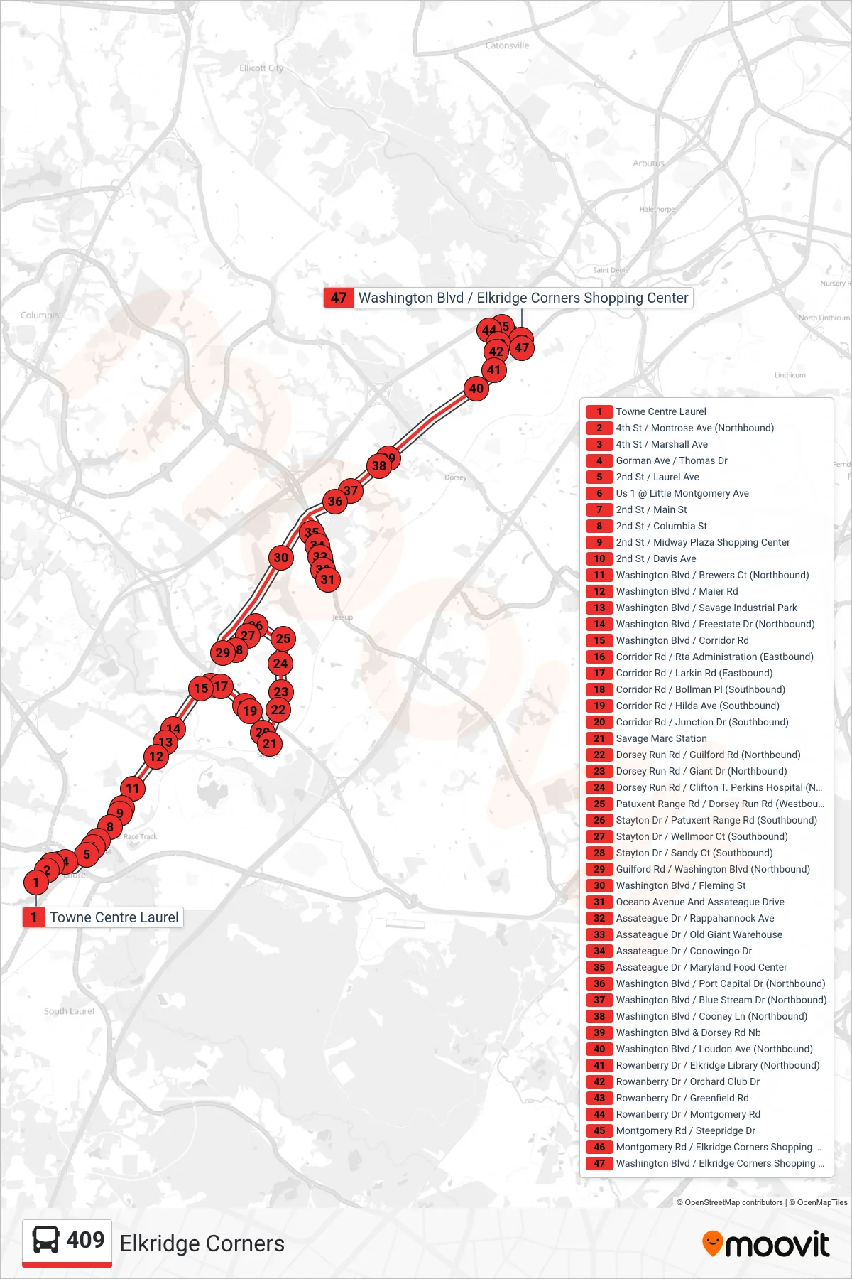 409 bus Line (Elkridge Corners) route and stops on a map