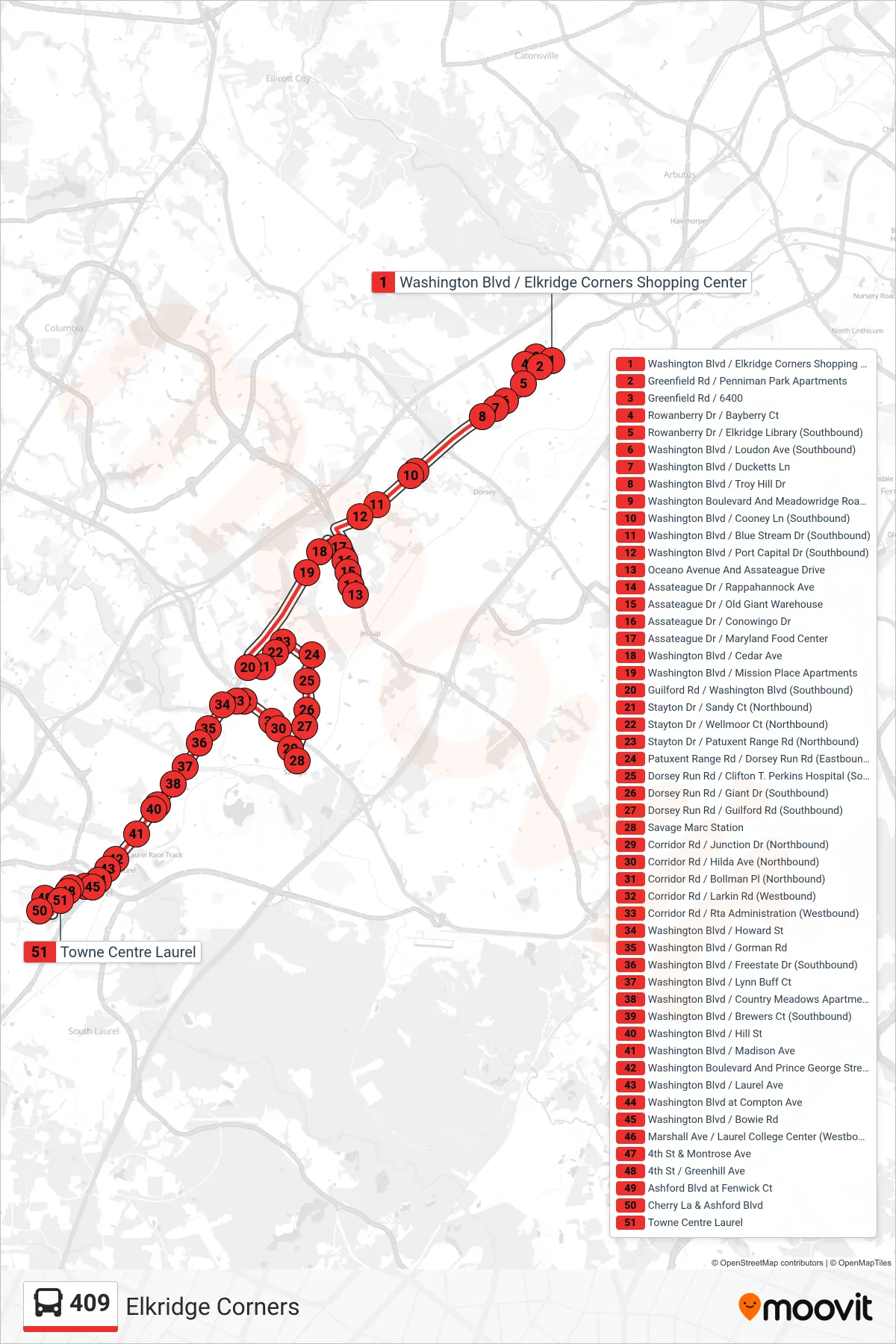 409 bus Line (Towne Centre Laurel) route and stops on a map
