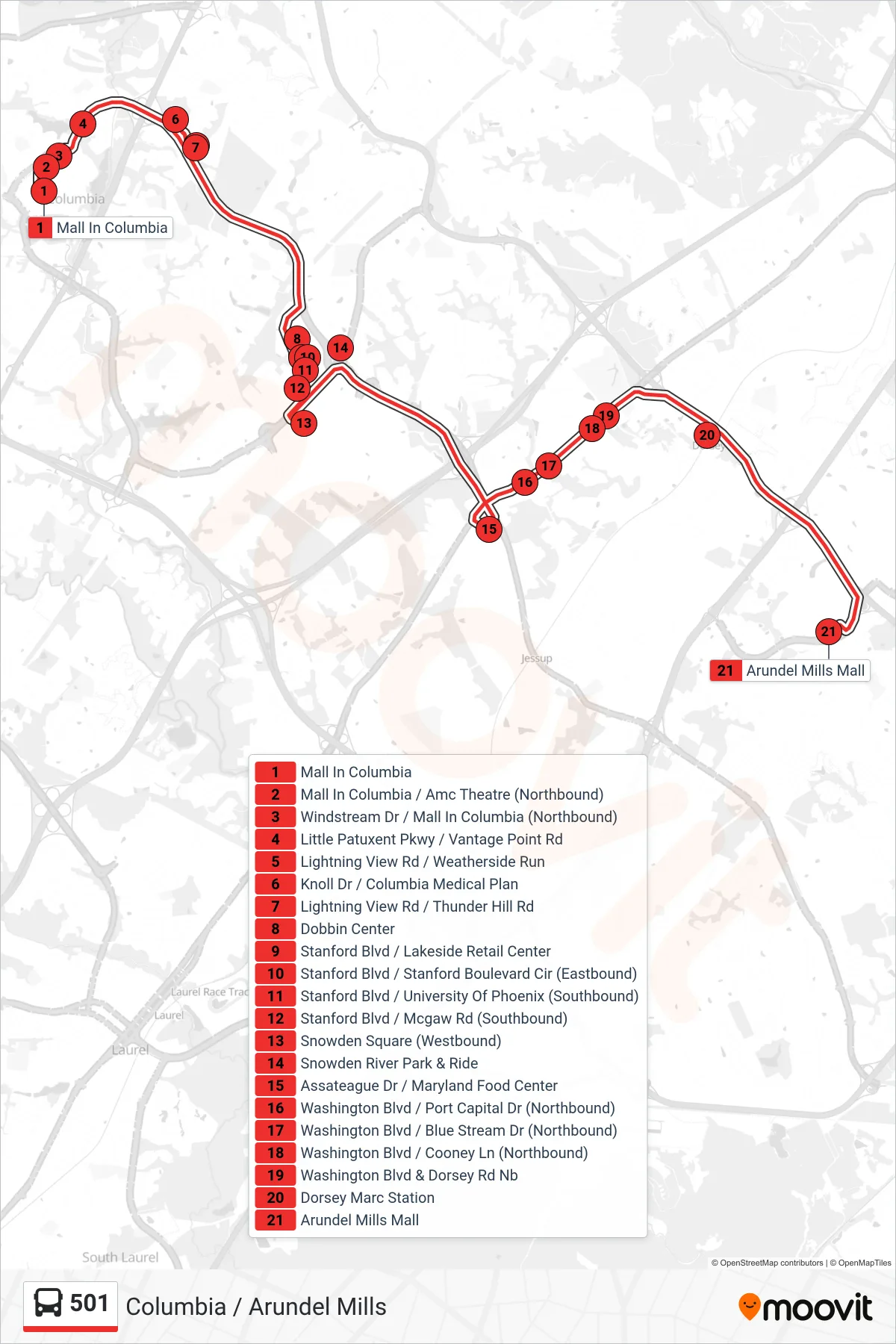 501 bus Line (Arundel Mills) route and stops on a map