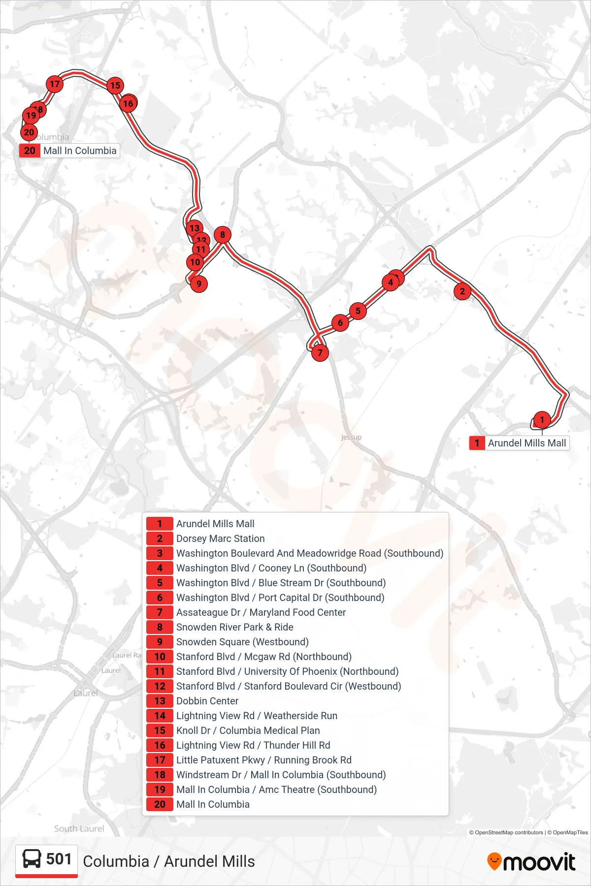 501 bus Line (Mall In Columbia) route and stops on a map
